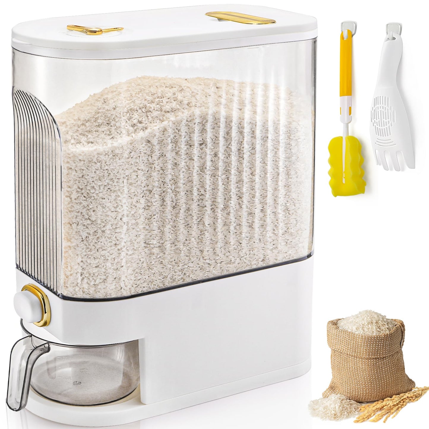 Cididu Clear Rice Holder Dispenser, 22 Lbs Large Grain Storage Container with Measuring Cup, Cylinder Household Food Dispenser Bucket Kitchen Organization for Cereal Oatmeal Coffee Bean Soybean Corn