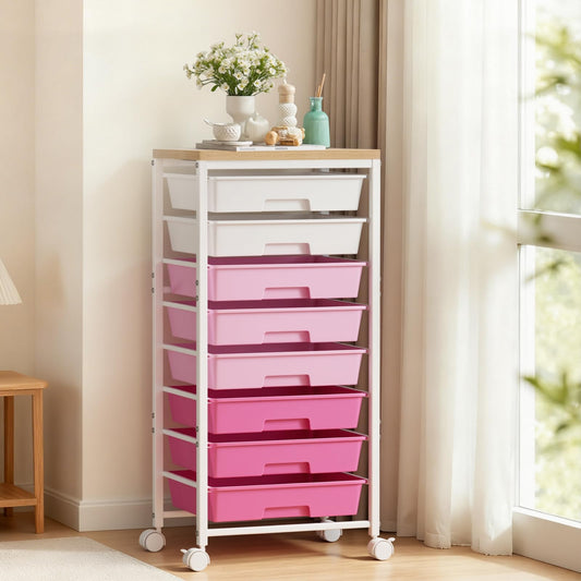 Rolling Cart with 8 Drawers, Plastic Drawer Storage Carts with Wheels & Wooden Tabletop, Metal Utility Cart Organizer for Bedroom Living Room Office Classroom Craft Organization and Storage, Pink