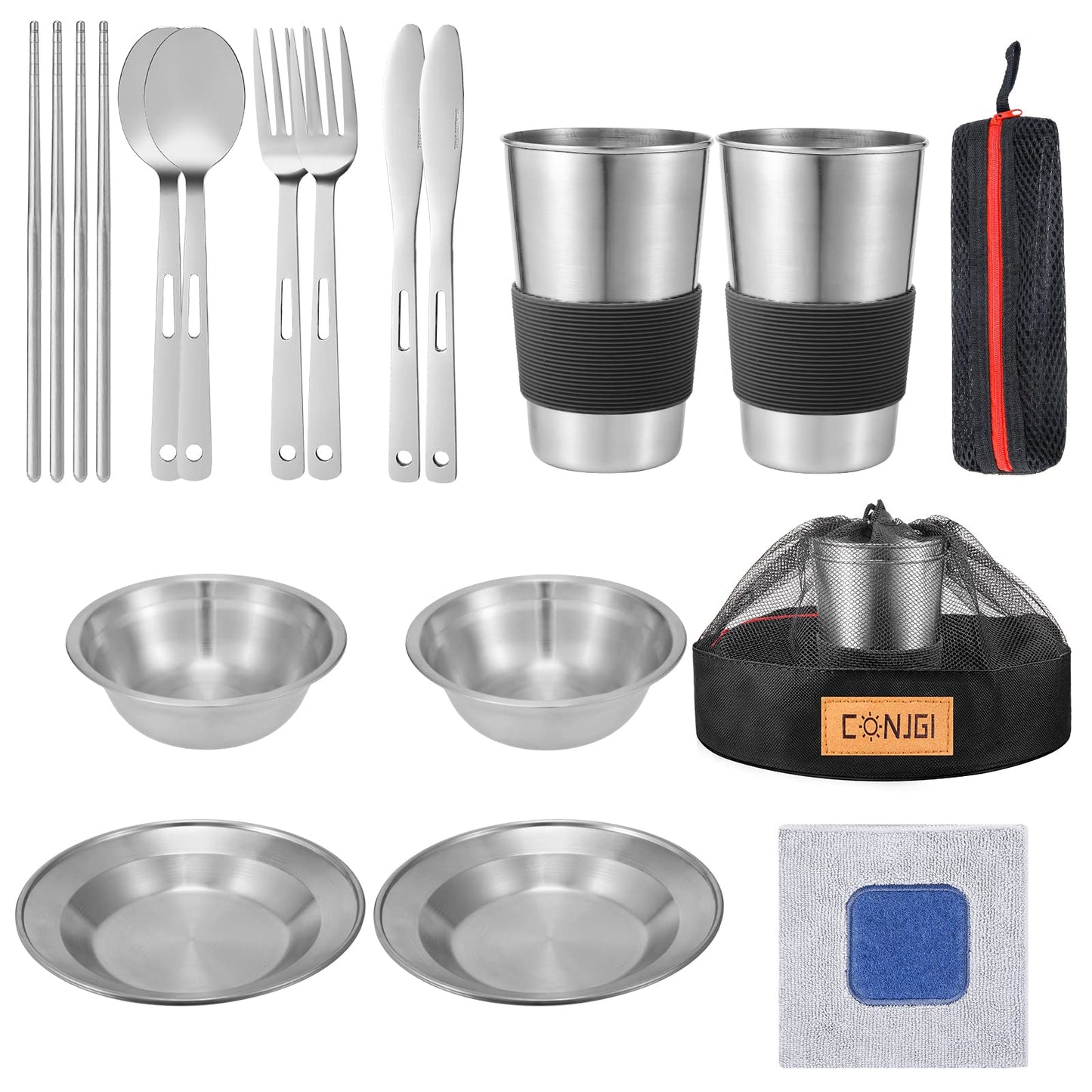 Outdoor Camping Mess Kit - 1 to 2 Persons Camping Dishes Includes Cups, Bowls, Dishes, Knives, Forks, Spoons, Etc, Camping Dinnerware Set with Mesh Bag is Easy to Carry Camping Tableware Set
