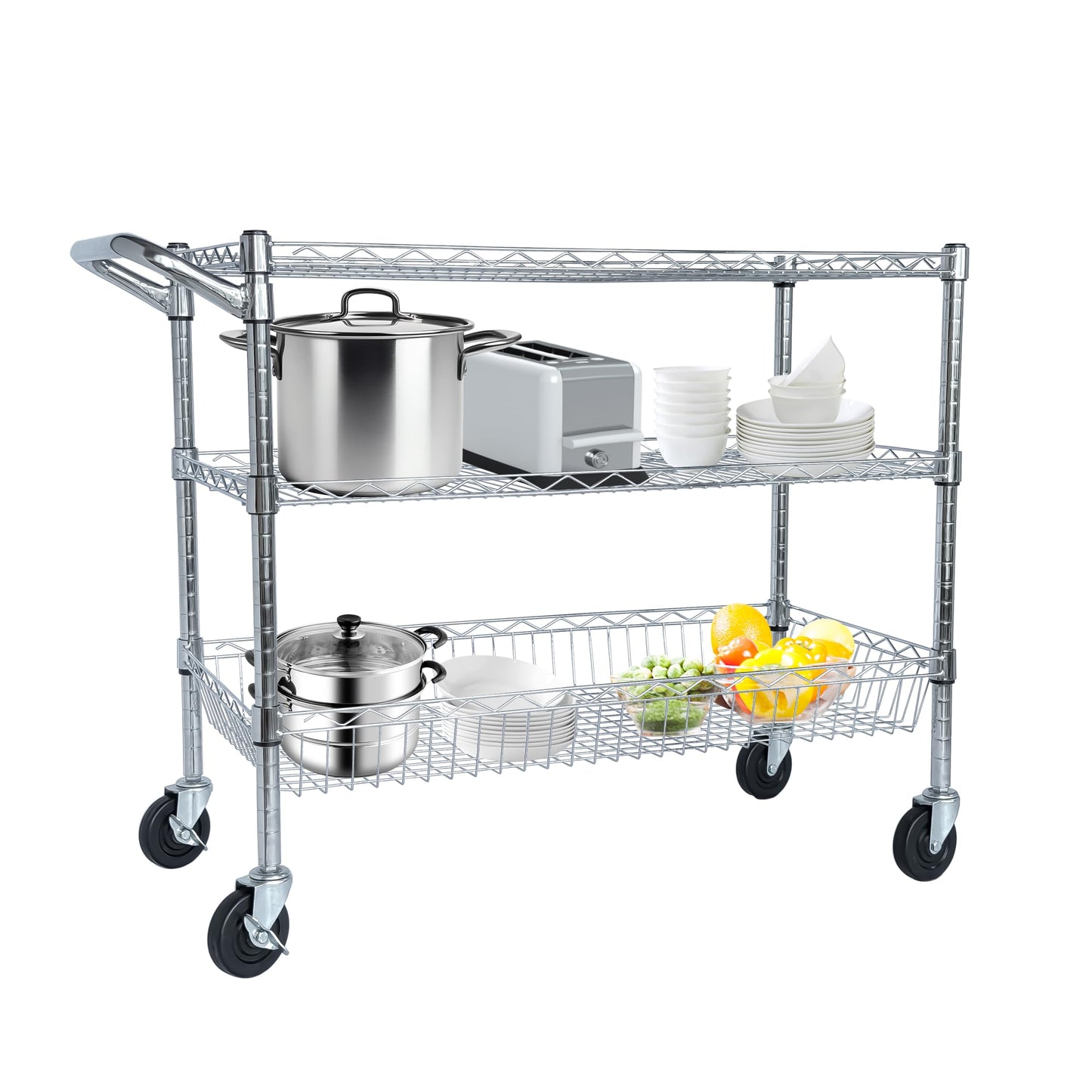 Sailret 36" Wx18 D Commercial Grade Rolling Utility Cart, 3 Tiers Metal Kitchen Utility Cart with Wheels for Restaurant, Office & Home, Storage Trolley with 105 mm Deep Basket, Wire Food Service Cart