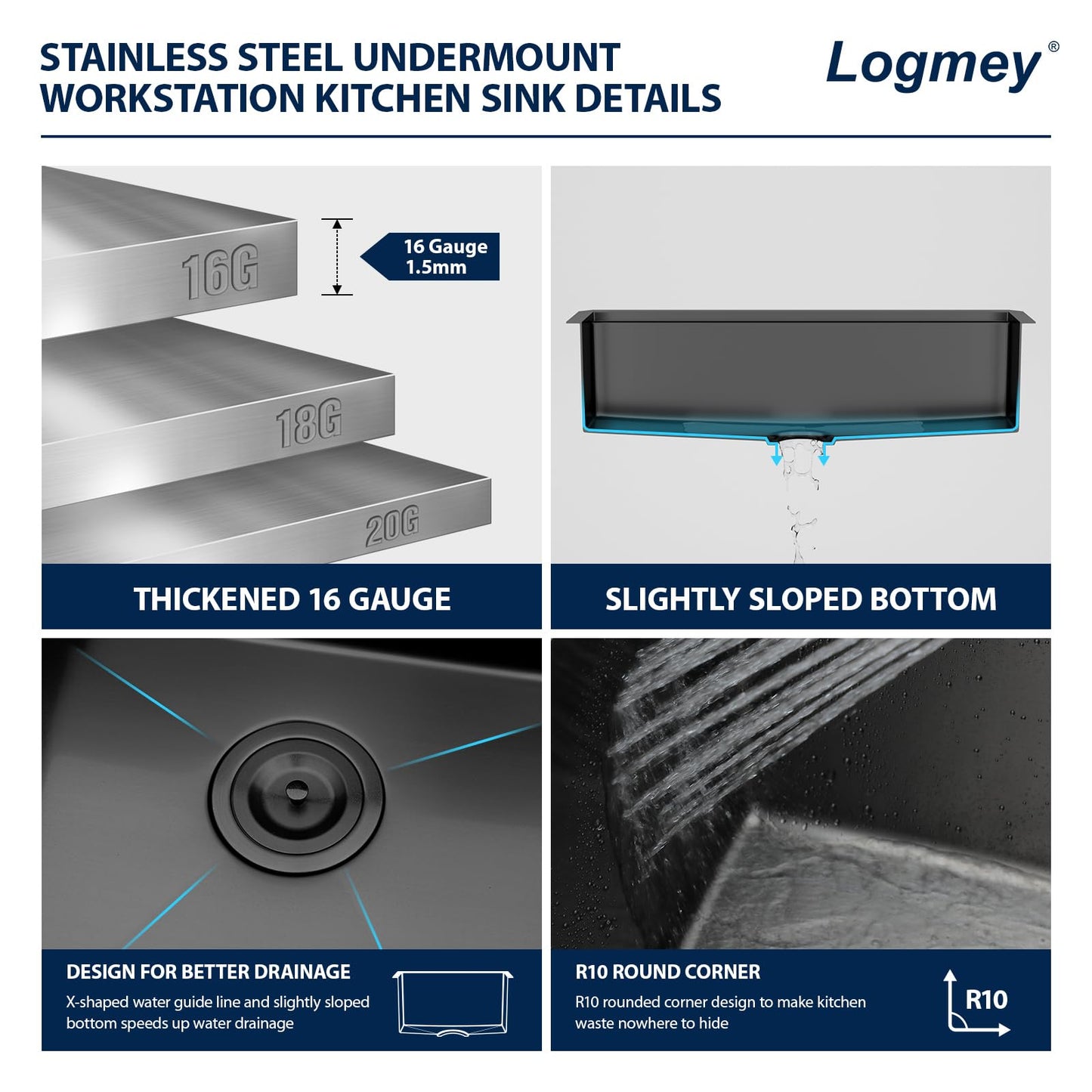 Logmey 30x19 Gunmetal Black Undermount Kitchen Sink 30 Inch Workstation Nano-PVD Stainless Steel Sinks 16 Gauge Single Bowl Kitchen Sink with Accessories 30x19x9