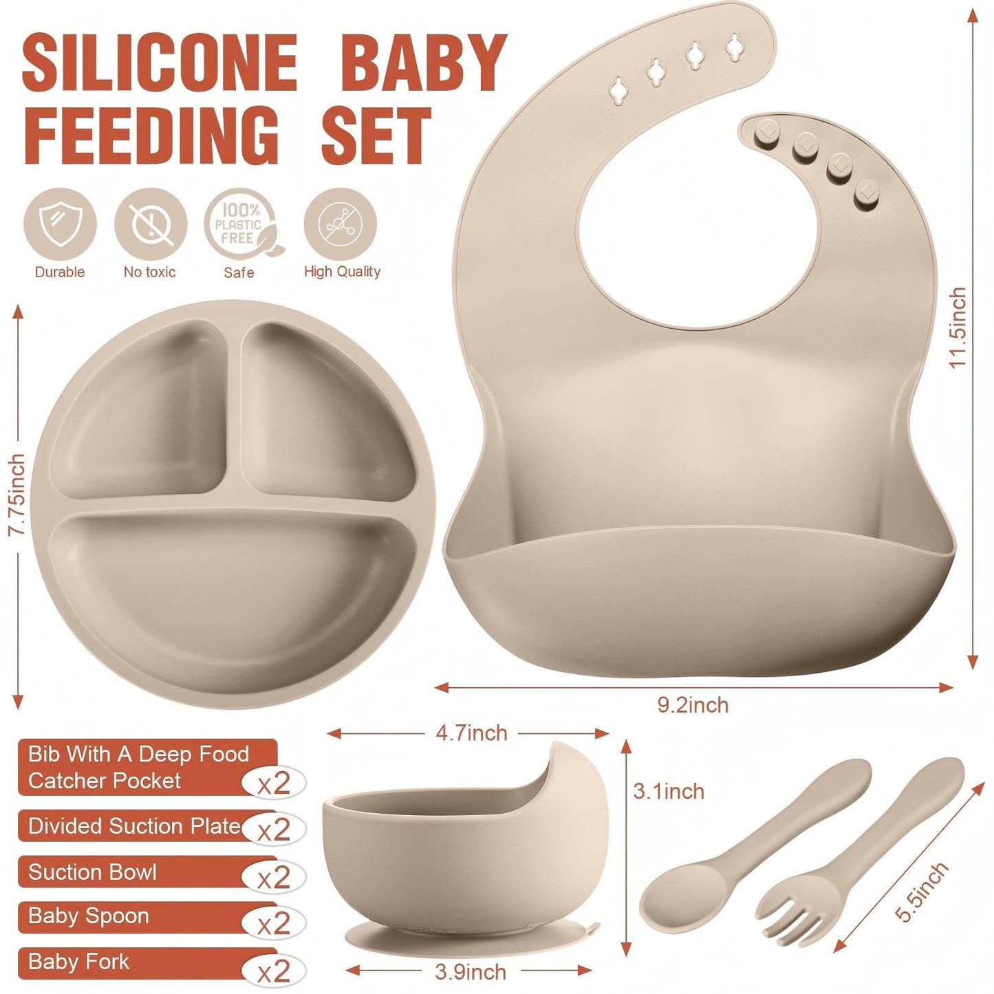 10 Pack Silicone Baby Feeding Set, Toddlers Led Weaning Feeding Supplies with Suction Baby Bowl Divided Plate Adjustable Bib Soft Silicone Spoon Fork, Infant Self Eating Utensil Set (Beige, Orange)