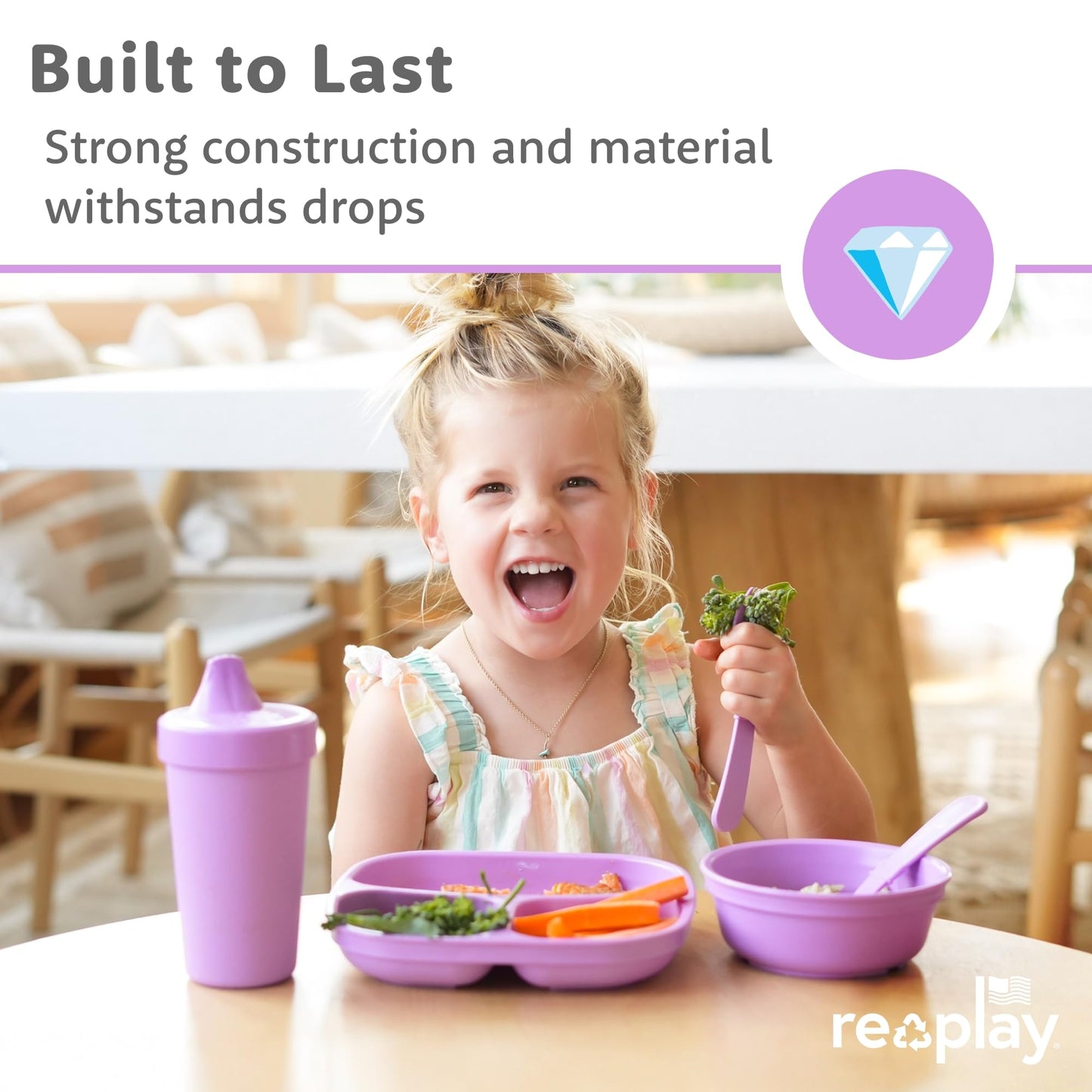 Re-Play Toddler Dinnerware Set - Spill-Proof Sippy Cup, 7" Divided Plate, Fork & Spoon - Durable Recycled Dining Set for Kids - Dishwasher & Microwave Safe - Made in USA - Pink