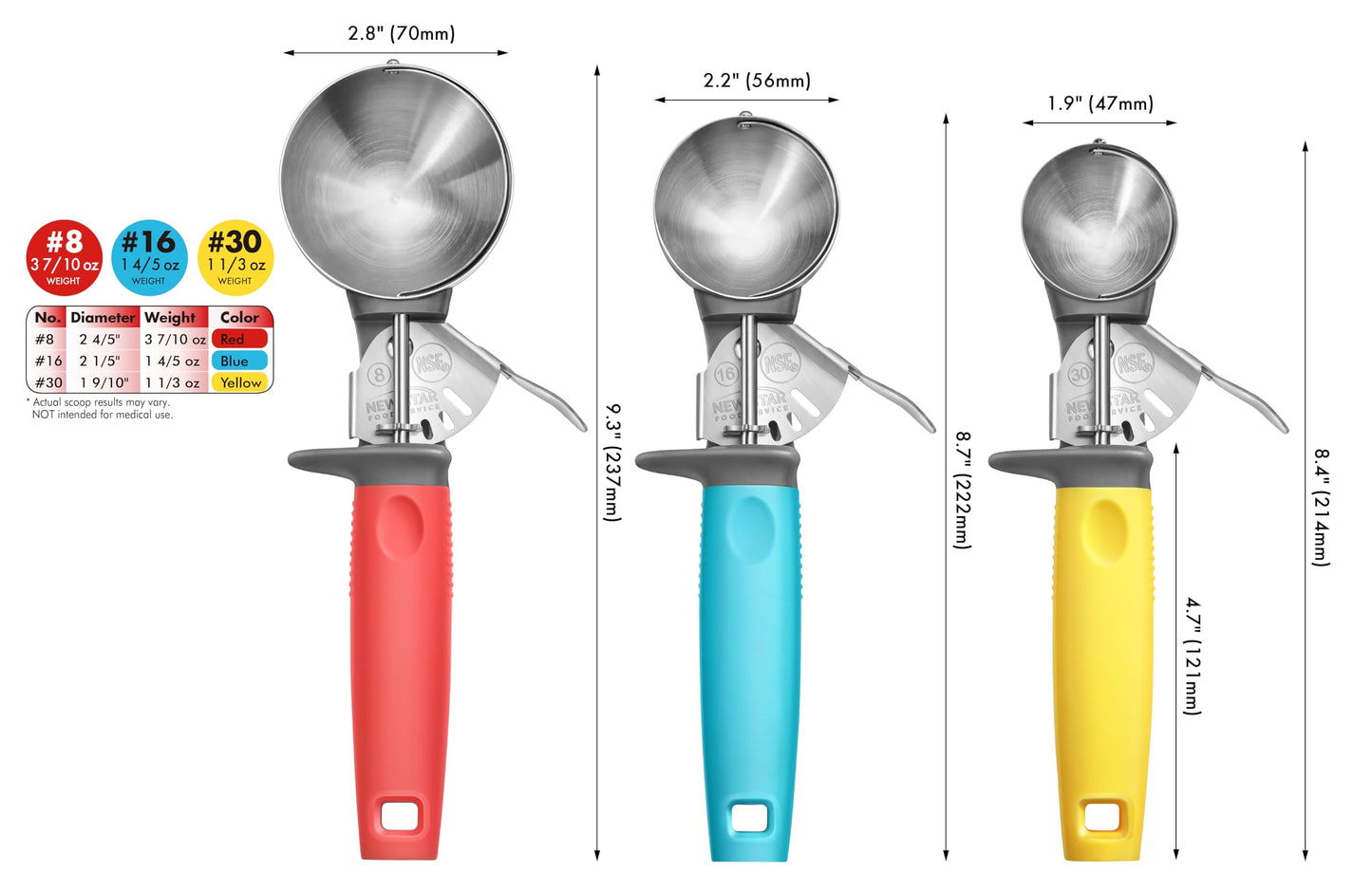 New New Star Foodservice Commercial-Grade Thumb Press Food Disher/Ice Cream Scoop, 3-Pack, #8 Red + #16 Blue + #30 Yellow, 18-8 Stainless Steel, NSF Certified