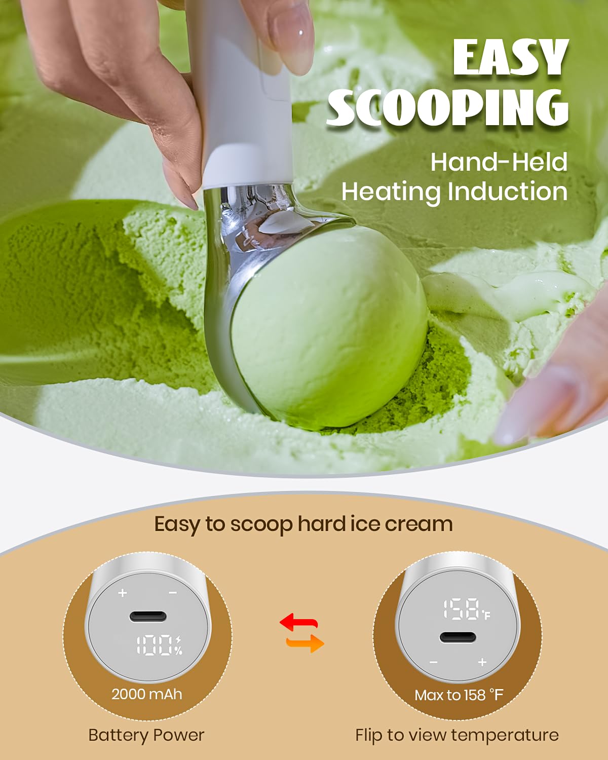 Heated Ice Cream Scoop Rechargeable Electric, 158°F Auto-Thermal Warming Scoop for Hard Ice Cream, Cordless LED Display, One-Button Operation, IP67 Waterproof Easy Clean (1, White)