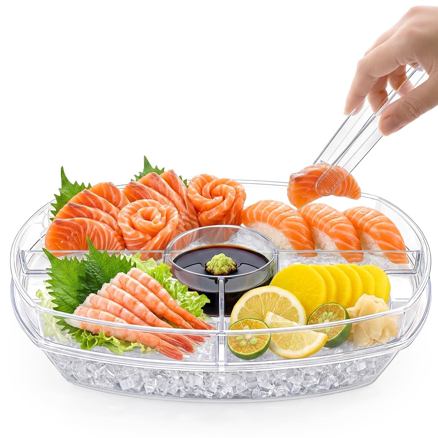 DEAYOU Ice Serving Tray for Party Food, Chilled Serving Platter Dish with 4 Compartments, 15" Divided Serving Bowl with Lid for Appetizers, Fruits, Vegetables, Salads, Shrimp Cocktail