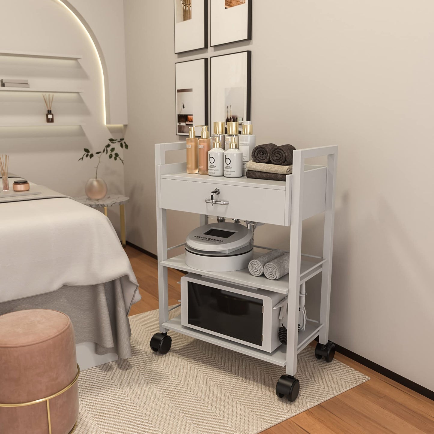 Paddie Salon Trolley Cart, Wooden Mobile Utility Cabinet Lab Cart with 1 Drawer 2 Trays, Rolling Storage Station Beauty Salon Rolling Trolley for Beauty Spa (White)