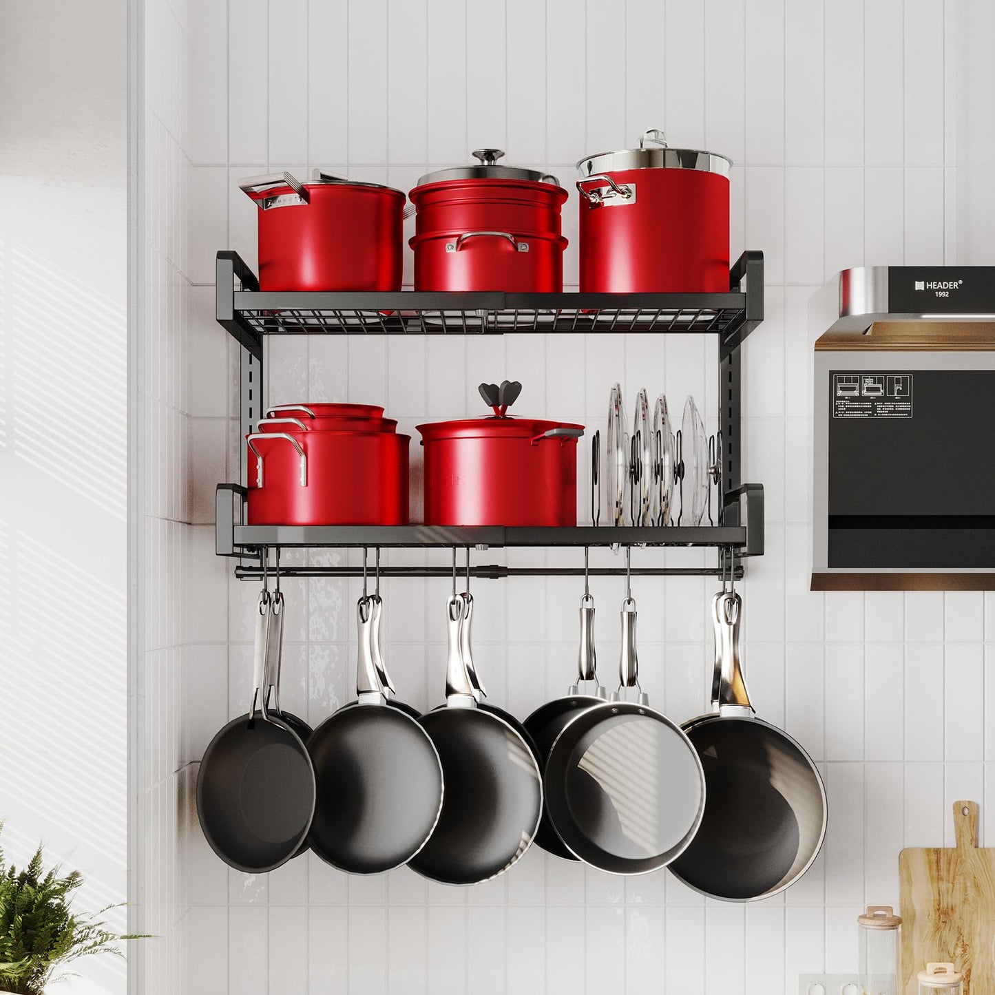 19"- 30" Expandable Hanging Pot Rack, 2 Tier Heavy Duty Wall Mounted Pots and Pans Organizer with 10 Hooks and 5 Pot Lid Holders, Pot Hanger Shelf for Kitchen Cookware Utensils Organizers and Storage