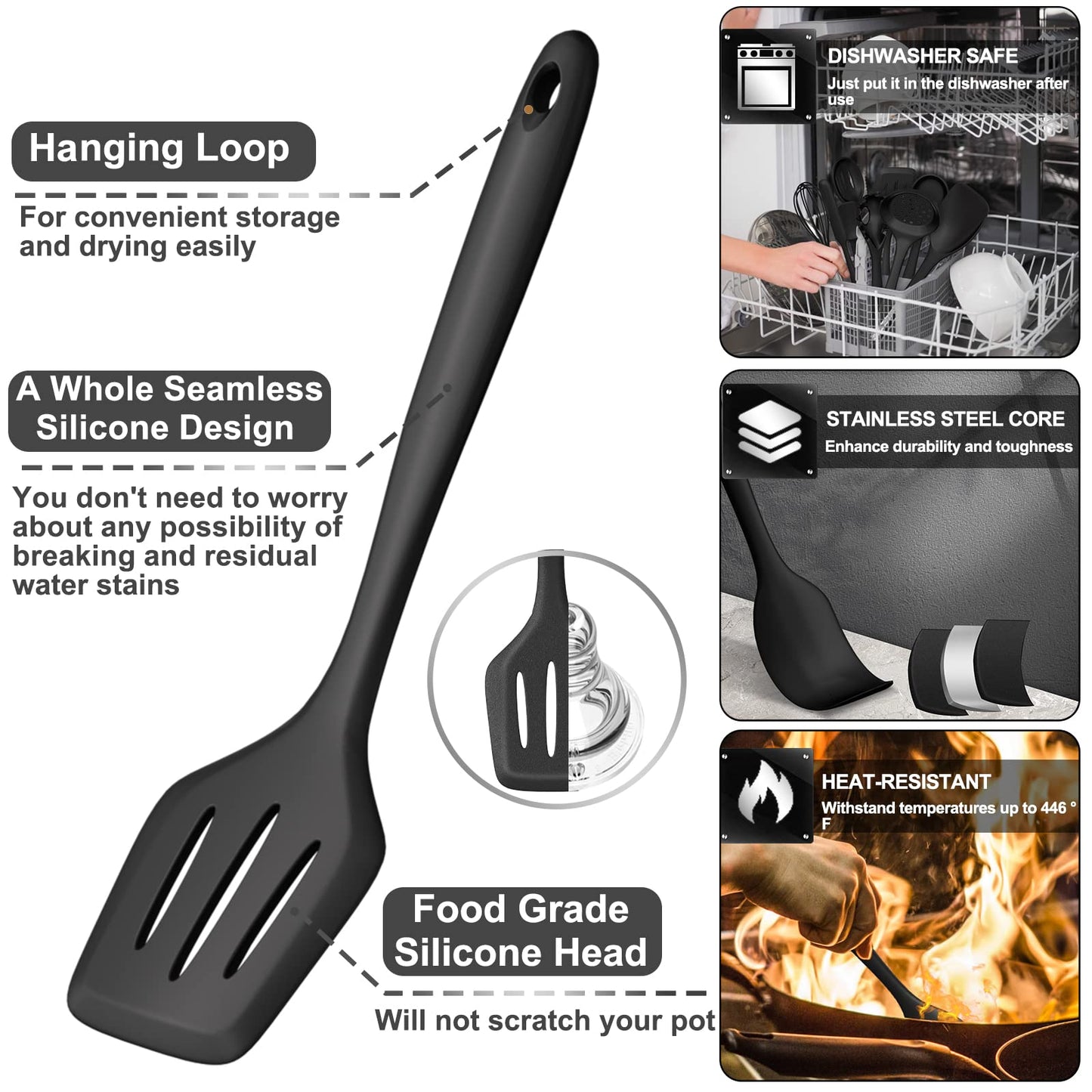 43 Pcs AIKKIL Kitchen Utensils Set, Heat Resistant Silicone Cooking Kitchen Utensils Set with Holder, Spoon, Spatula, Kitchen Gadgets Tools Set For Nonstick Cookware, Dishwasher(BPA Free, Black)