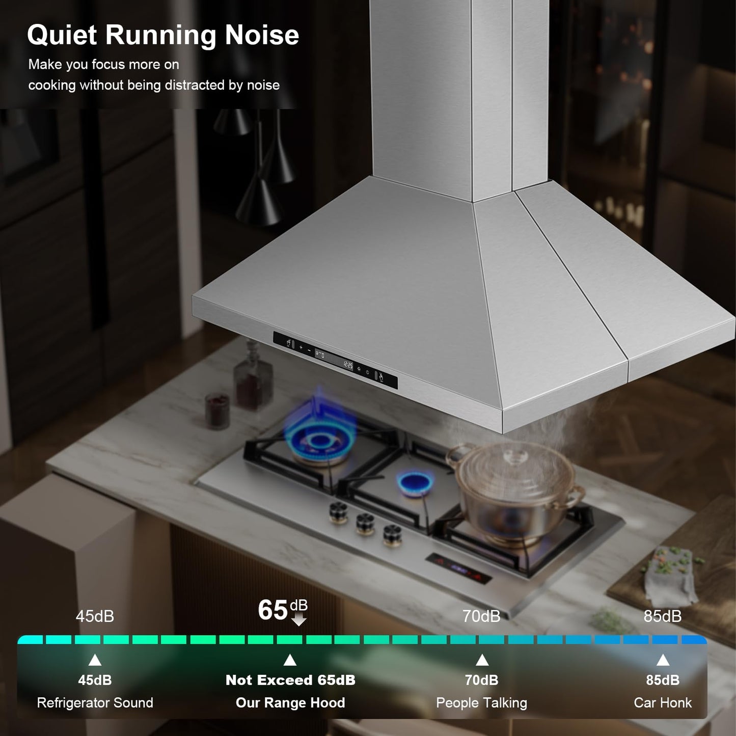 Tieasy 30" Island Range Hood 700 CFM Ceiling Mount Kitchen Vent Hood with Gesture/Touch Control, 3-Speed Fan & 4 LED Lights, Convertible Ductless/Duct, Stainless Steel Baffle Filters,Time Setting