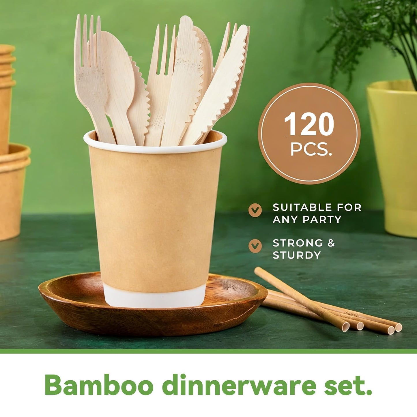 100% Bamboo Disposable Spoons | Compostable Biodegradable Eco-Friendly Utensils for Soup, Dessert & Daily Use for Party & Camping (120 Spoons)
