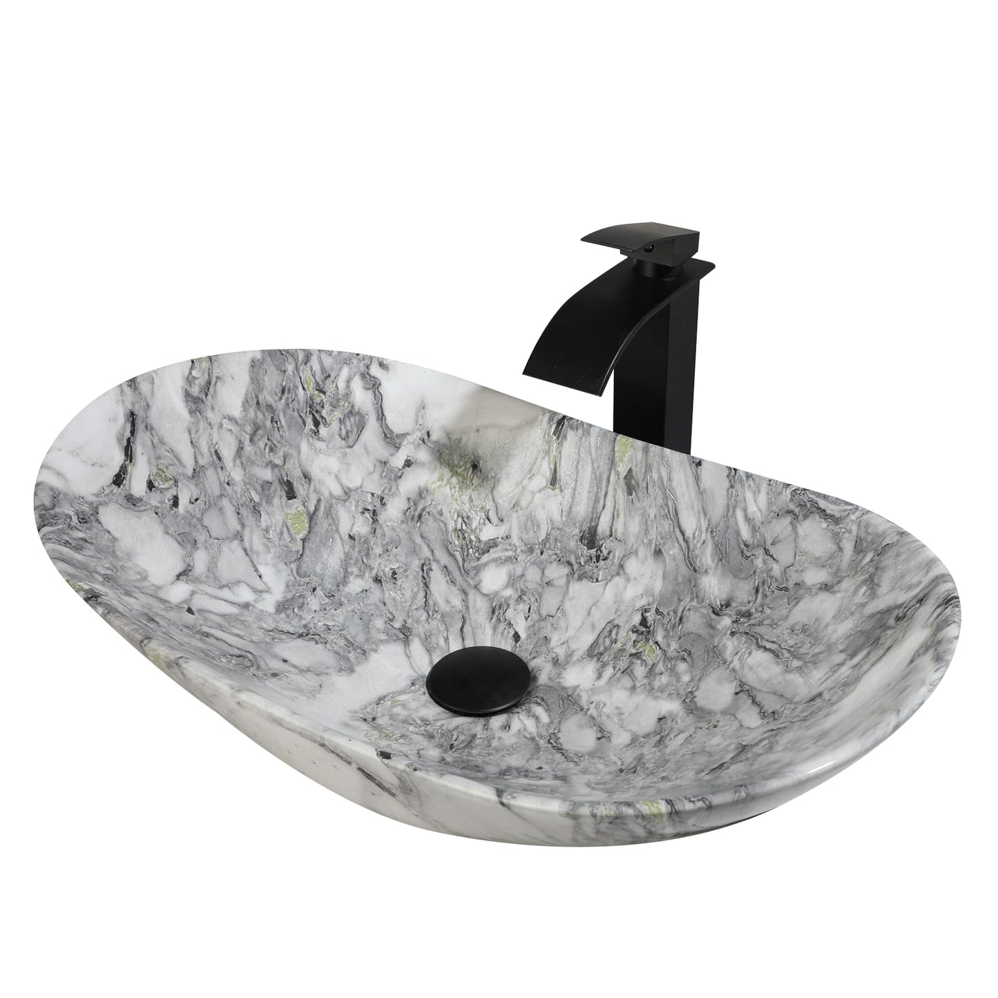 Zoyueyu 24x14 Inch Vessel Sink with Waterfall Faucet and Pop-up Drain Marbling Bathroom Sinks Ceramic Above Counter Bowl Sink Oval Bathroom Sink Porcelain