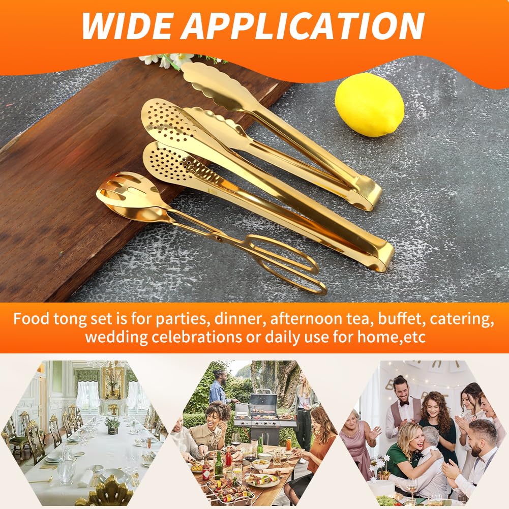 Serving Tongs,Stainless Steel Buffet Tongs, Kitchen Tongs Serving Utensils for Salad Buffet Appetizer Dessert Food Parties Wedding Party Catering, 3 Different Type Food Tongs(Gold)