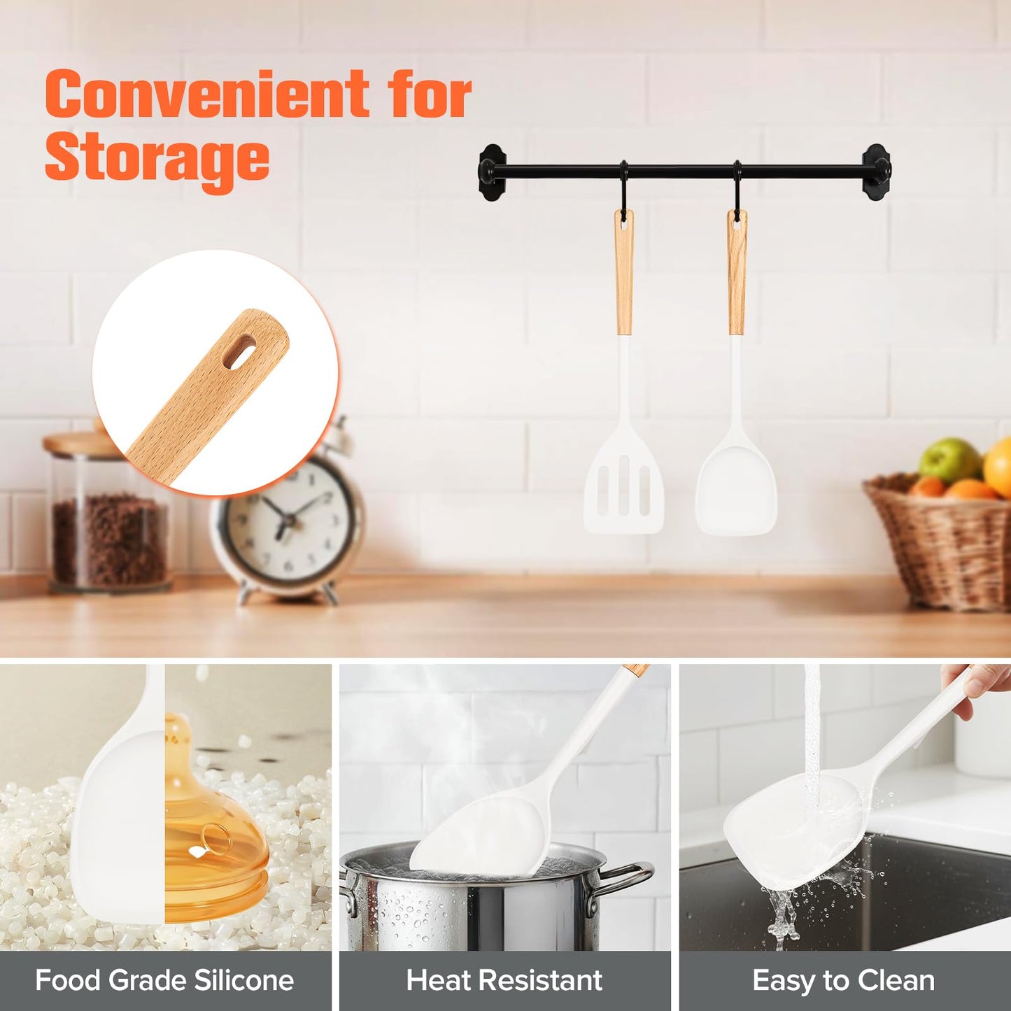 Silicone Cooking Spatula, Heat Resistant Solid Turner, Slotted Spatulas with Wooden Handle,Ideal Wood Kitchen Utensils Set for Frying, Baking, Flipping, Turning,Pack of 2 (White)