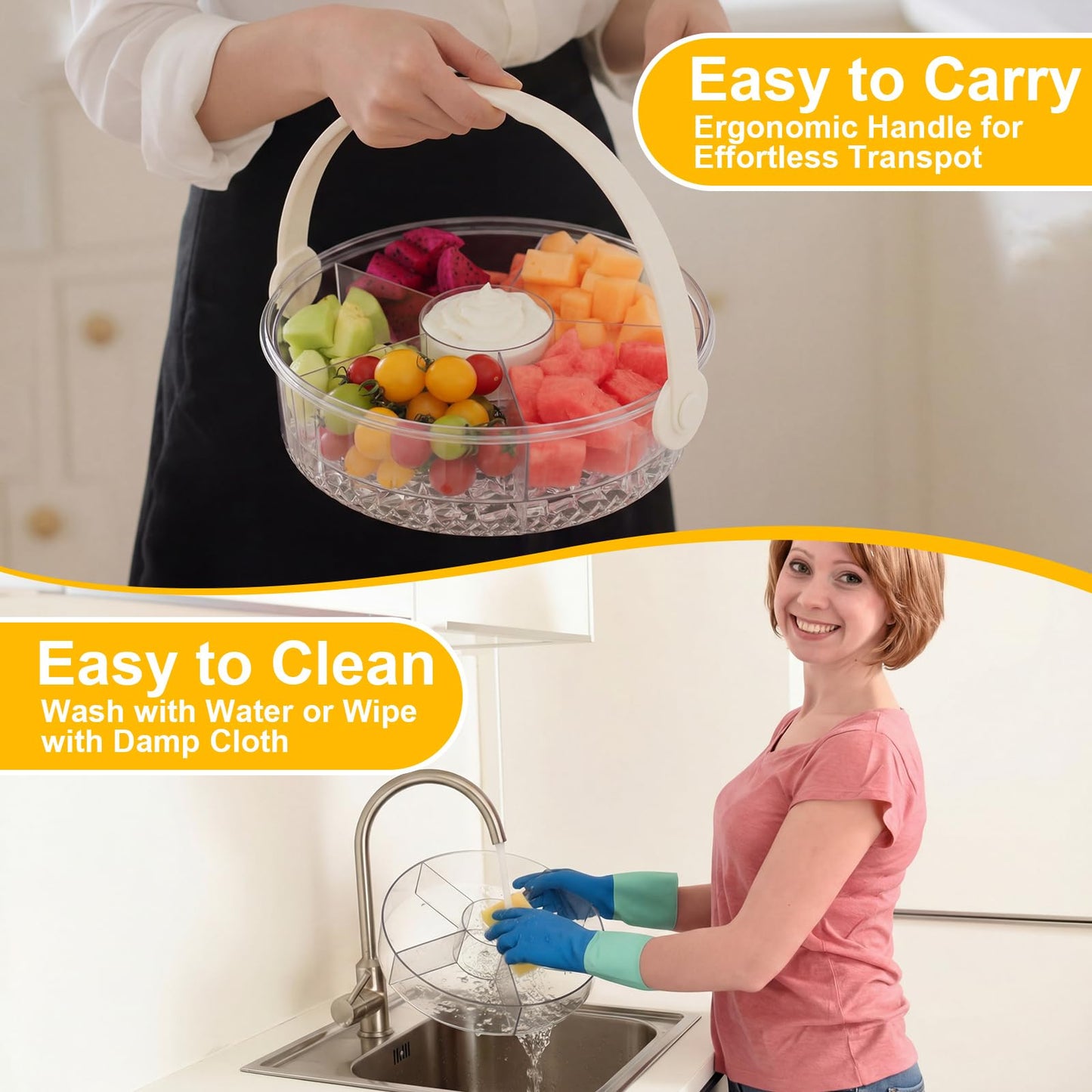 Tiangrid 2 Pack Chilled Serving Tray with Lid Handle, 11" Veggie Fruit Ice Serving Platter with 5 Compartments, Portable Clear Party Tray for Shrimp Cocktail, Outdoor BBQ, Picnic