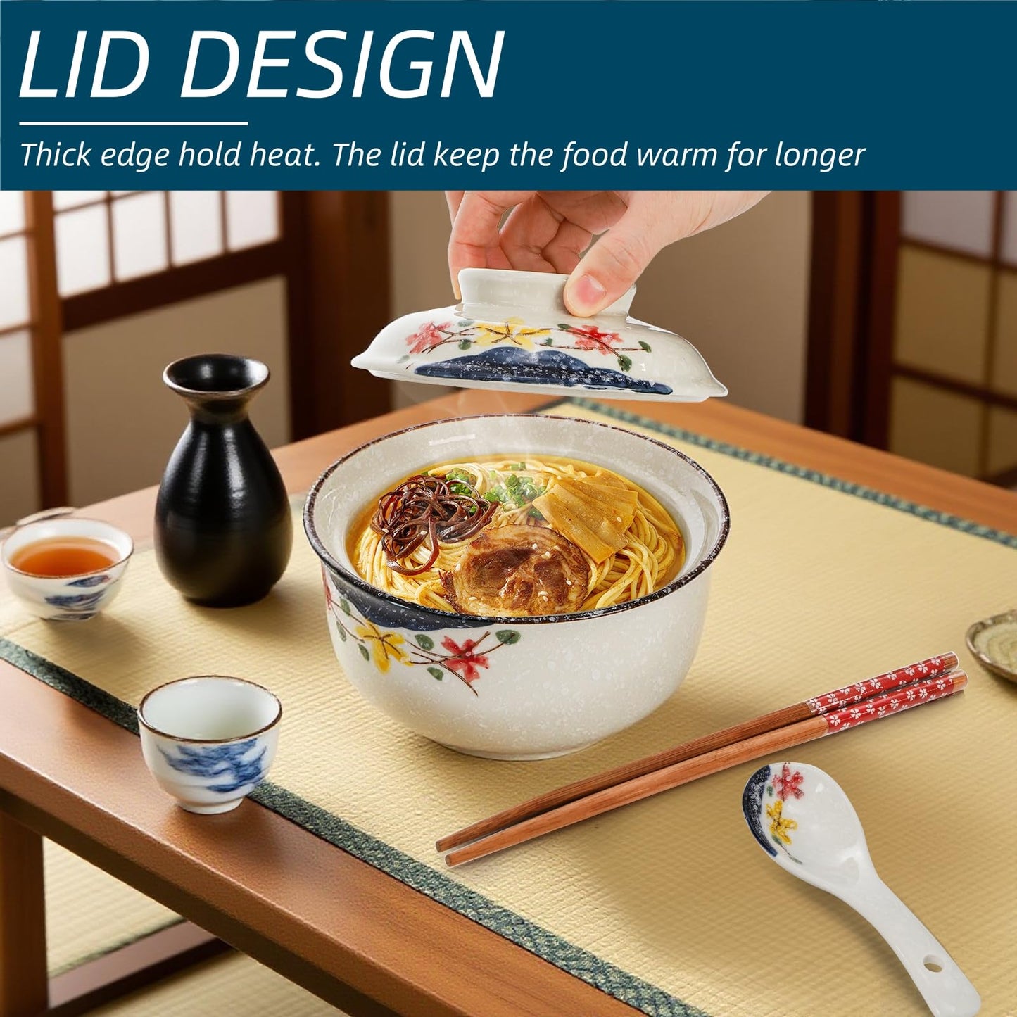 Nagpew 2 Pieces Ceramic Ramen Bowls, 25 Oz Large Soup Bowl with Lid, Spoon, Chopstick, Hand-painted Japanese Tableware for Noodles, Salad, Rice, Microwave Dishwasher safe