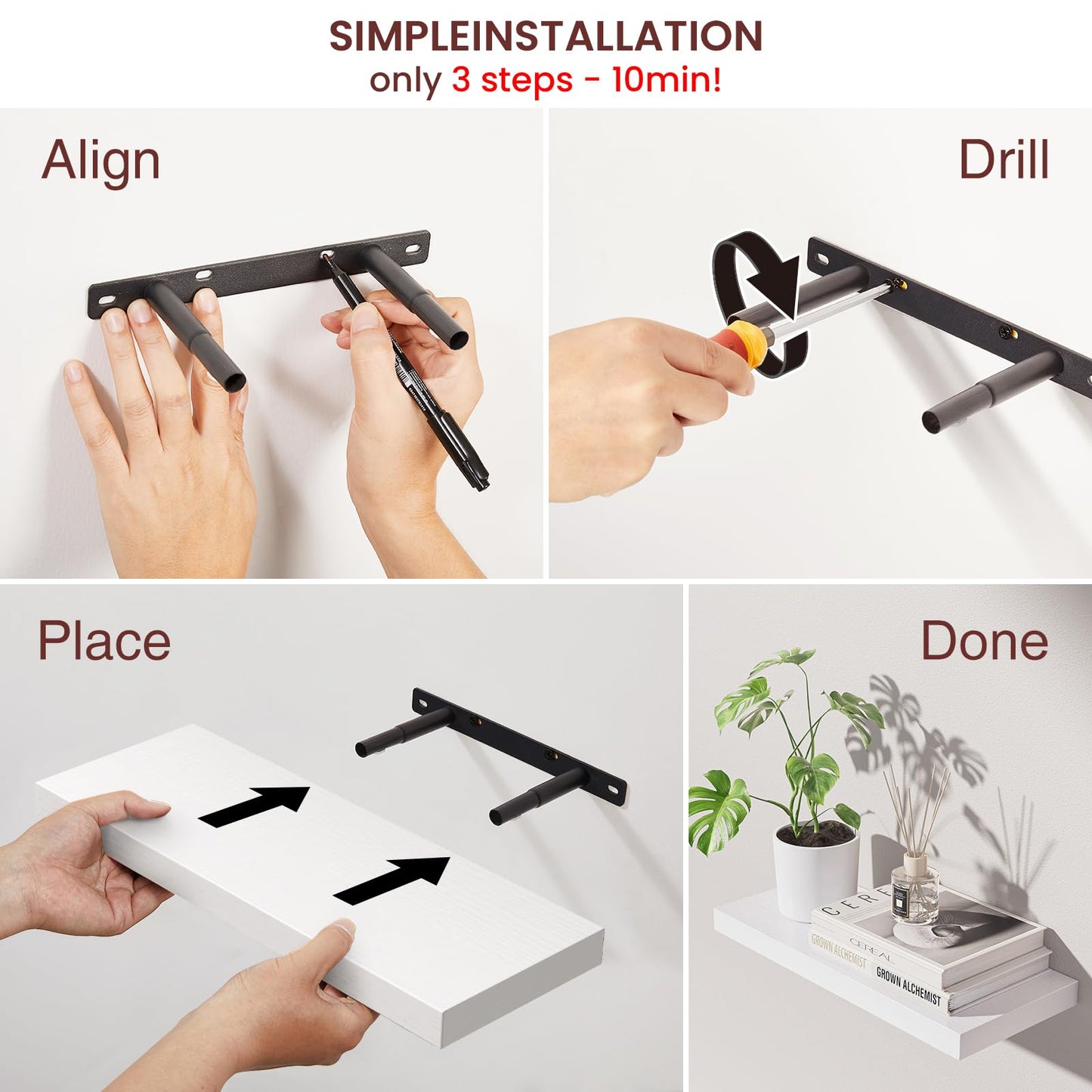 BAYKA White Floating Shelves for Wall, Set of 3, Rustic Wood Wall Shelves with Metal Brackets for Bathroom, Bedroom, Kitchen, or Living Room Decor Organization, Sturdy Storage with 22lb Capacity