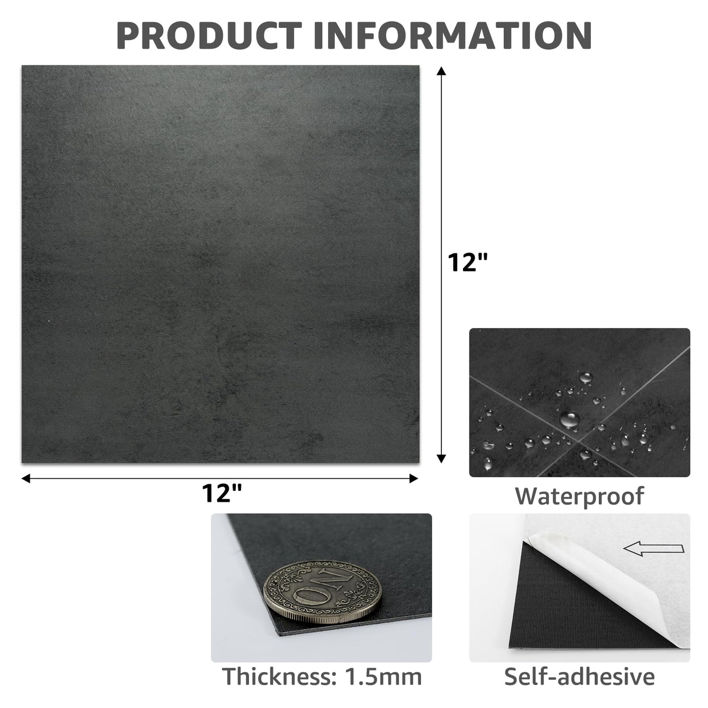 Art3dwallpanels Peel and Stick Floor Tiles 30-Pack 12 x 12 inch, Self Adhesive Waterproof Vinyl Flooring Marble Pattern for Kitchen, Dining Room, Bedrooms, Cover 30 Sq. Ft, Black Marble