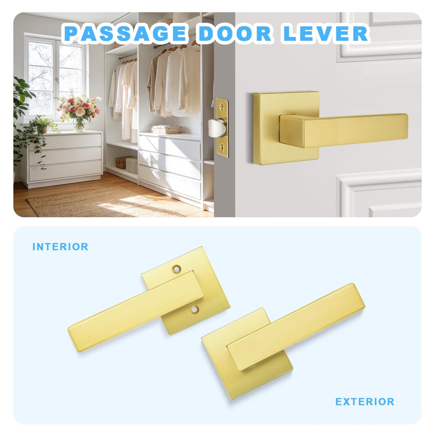 Brotima 5 Pack Gold Passage Door Handles for Hallways & Closets, Non-Locking Brushed Gold Closet Door Handles, Heavy Duty Passage Door Hardware, Gold Keyless Square Levers Handles, Satin Brass