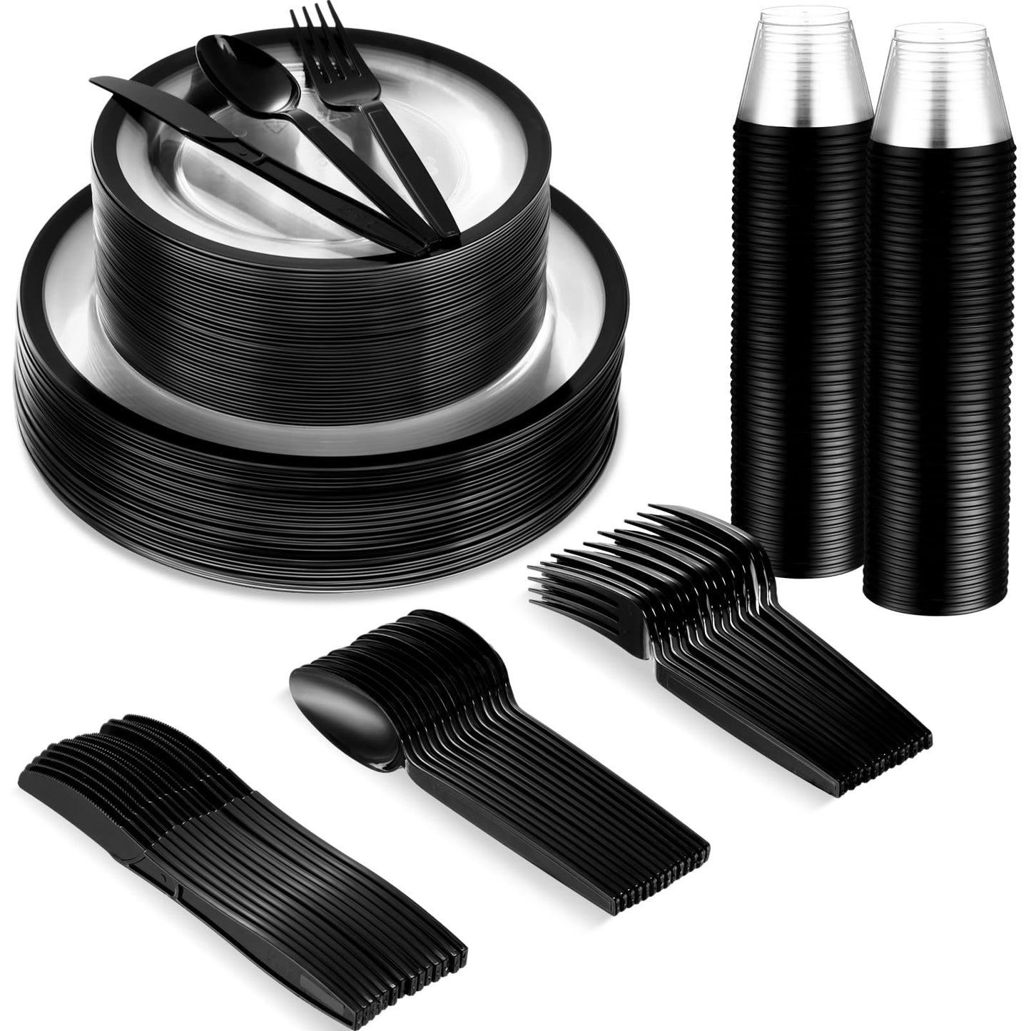 Norme 500 Pcs Disposable Plastic Dinnerware Set for 100 Guests, Disposable Dinnerware Set for Birthday Wedding Party of 100 Plastic Plates, 100 Plastic Cups, 100 Spoons, 100 Forks, 100 Knives(Black)
