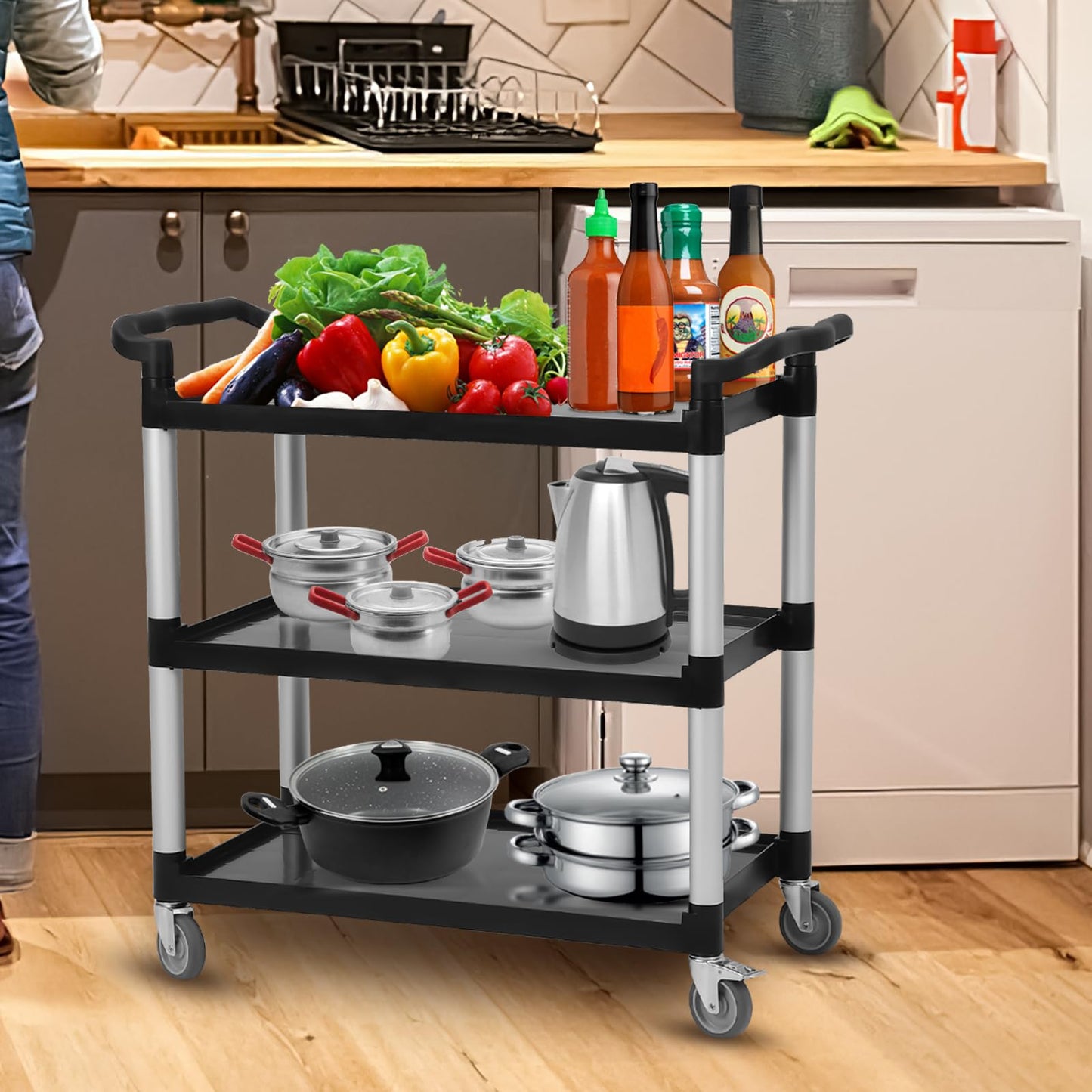 3-Tier Utility Cart, Heavy Duty 500 Lbs Capacity Service Cart with Lockable 360° Swivel Wheels – Multipurpose Storage Cart for Kitchen, Warehouse, Restaurant & Home, Black
