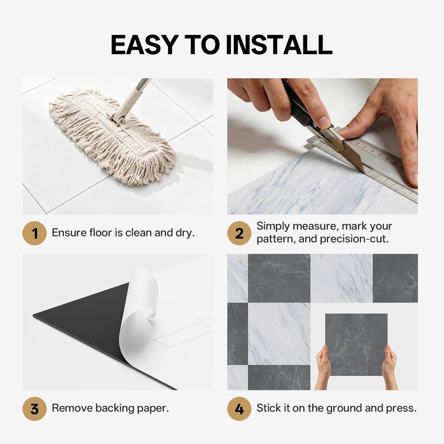 ATOPOSE Peel and Stick Floor Tile Waterproof,30-Pack 12x12 Inch,Checkered Marble Texture Vinyl Tiles,Easy DIY for Kitchen, Dining Room,Bathroom,Cover 30 Sq. Ft(Grey/White Marble,15 Tiles Per Color)