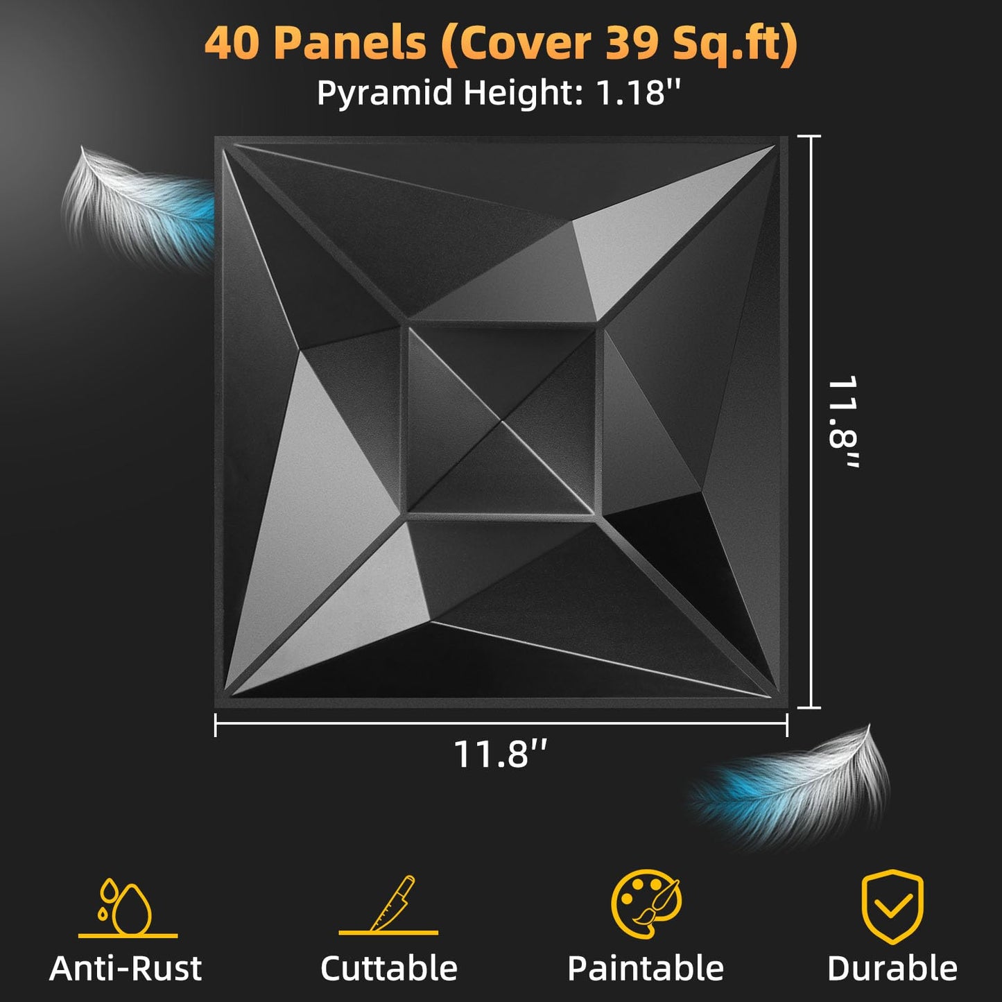 Umedol 40 PCS 3D Wall Panels for Interior Wall Décor Black 11.8"*11.8" Covering Panels, PVC Textured 3D Wall Tile for Living Room, Bedroom DIY Interior Décor