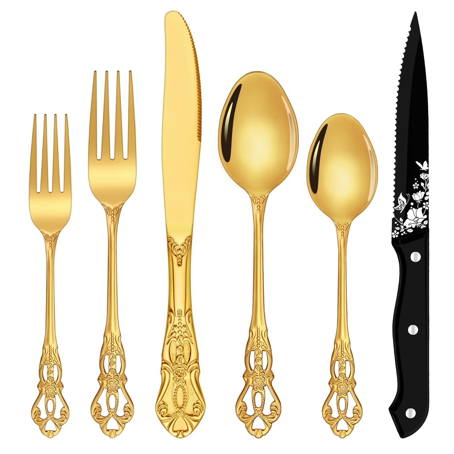 Gold Silverware Set, Ollex 48-Piece Retro Royal Flatware Set for 8 with Anti-rust Silverware Steel Black Steak Knives and Gold Spoons Forks Utensil Set, Mirror Polished&Dishwasher safe