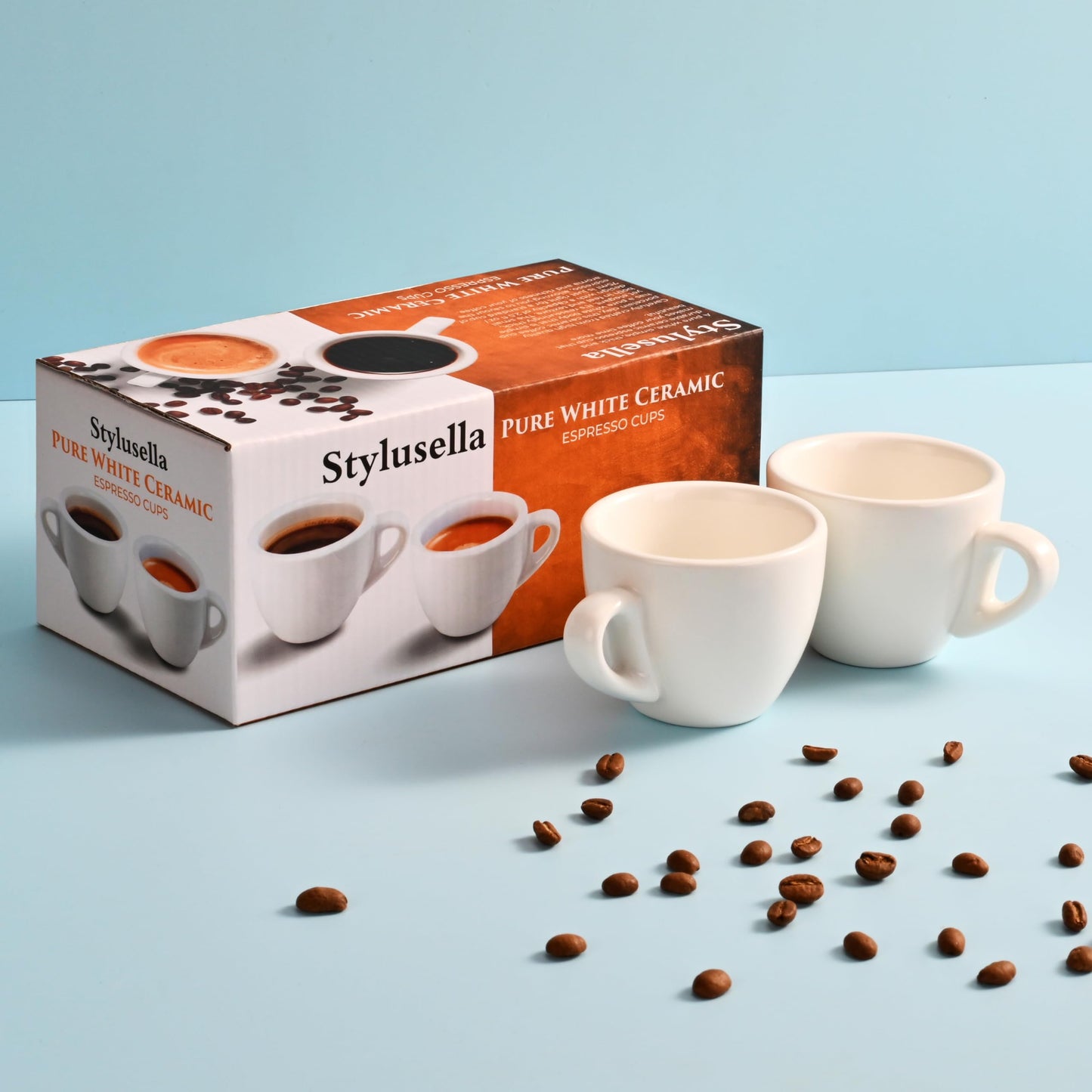 Stylusella 2.5 oz / 75 ml Pure White Ceramic Espresso Cups, Set of 2, Demitasse Espresso Mugs