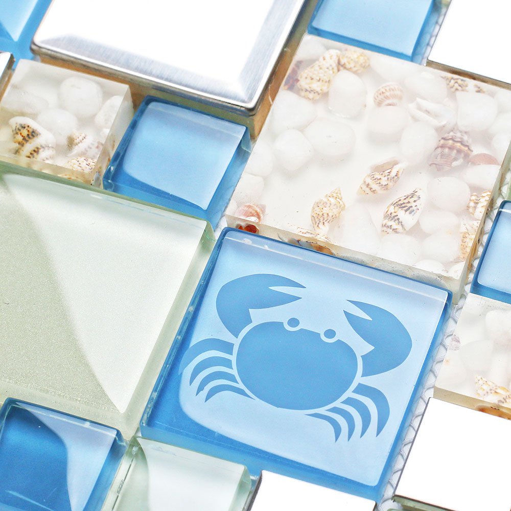 Blujellyfish Blue Sea Glass Tile Backsplash Beach Style Mosaic Tiles Real Seashell Inside (Pack of 5 Sheets)