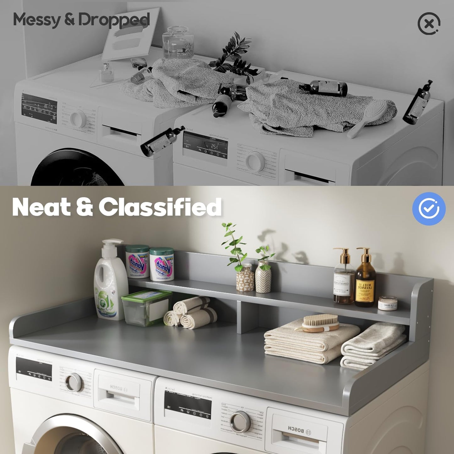 BigPonPon 2-Tier Washer and Dryer Countertop with 2.75" H Guard,54" W x 27.5" D Laundry Countertop Cover with Non-Slip Pad,Large Space Laundry Topper for Folding Clothes Over Washer and Dryer-Gray