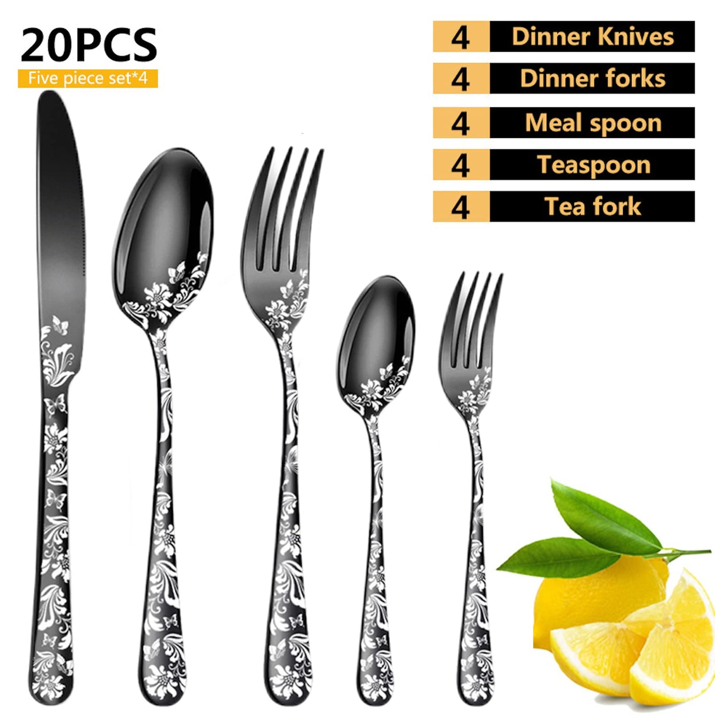 Vilihkc 20 piece Unique Pattern Design Silverware Set, Stainless Steel Flatware Set Service for 4, black Cutlery Set, Mirror Polished Utensil Set for Kitchen, Dishwasher Safe