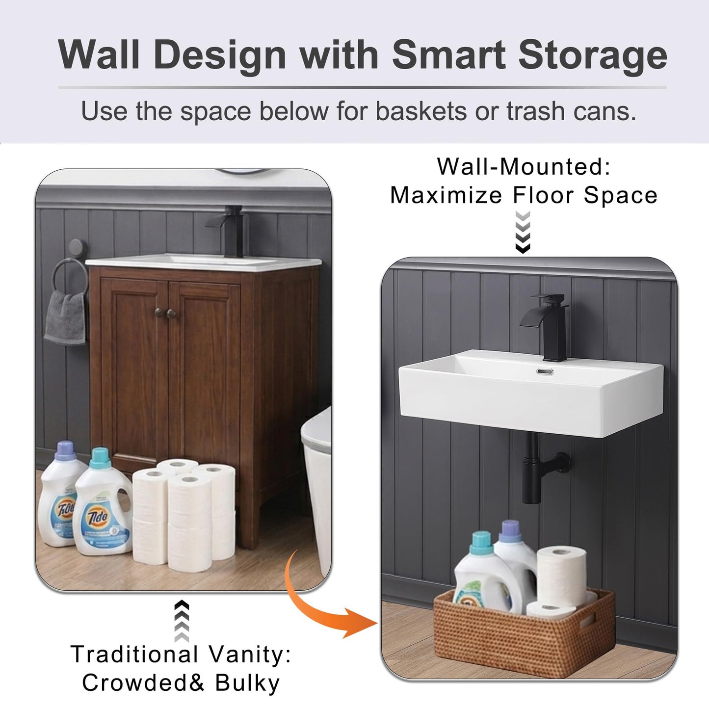 DEHOMEN 24-in Rectangle Wall Mount Bathroom Sink with Overflow, White Vanity Counter Top Lavatory Hand Basin for Modern Bathroom