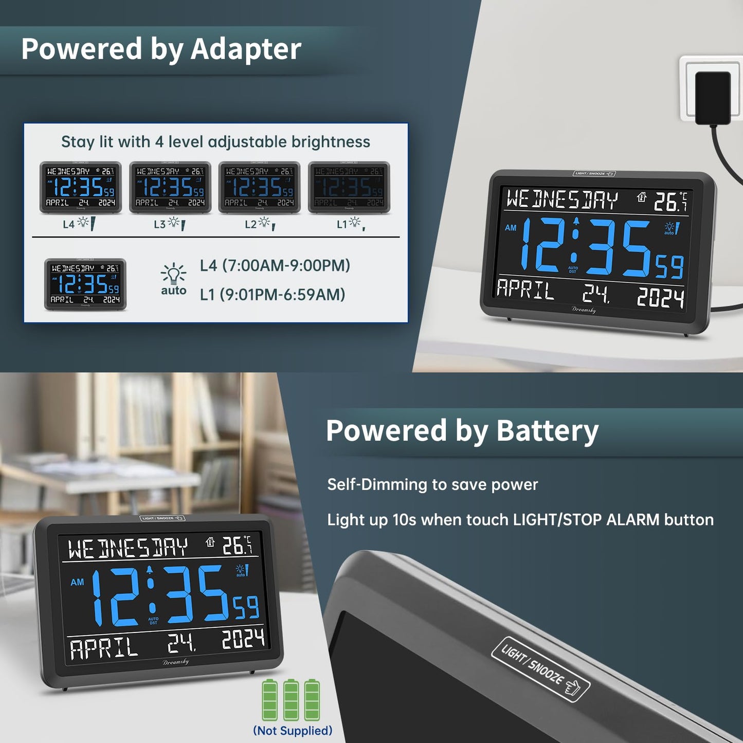 DreamSky Large Digital Clock with Date and Day of Week - Electric Desk Clock for Seniors Elderly, Bedroom Alarm Clock with Battery Backup, Dimmer, USB Port, Auto DST, Temperature, Adjustable Volume