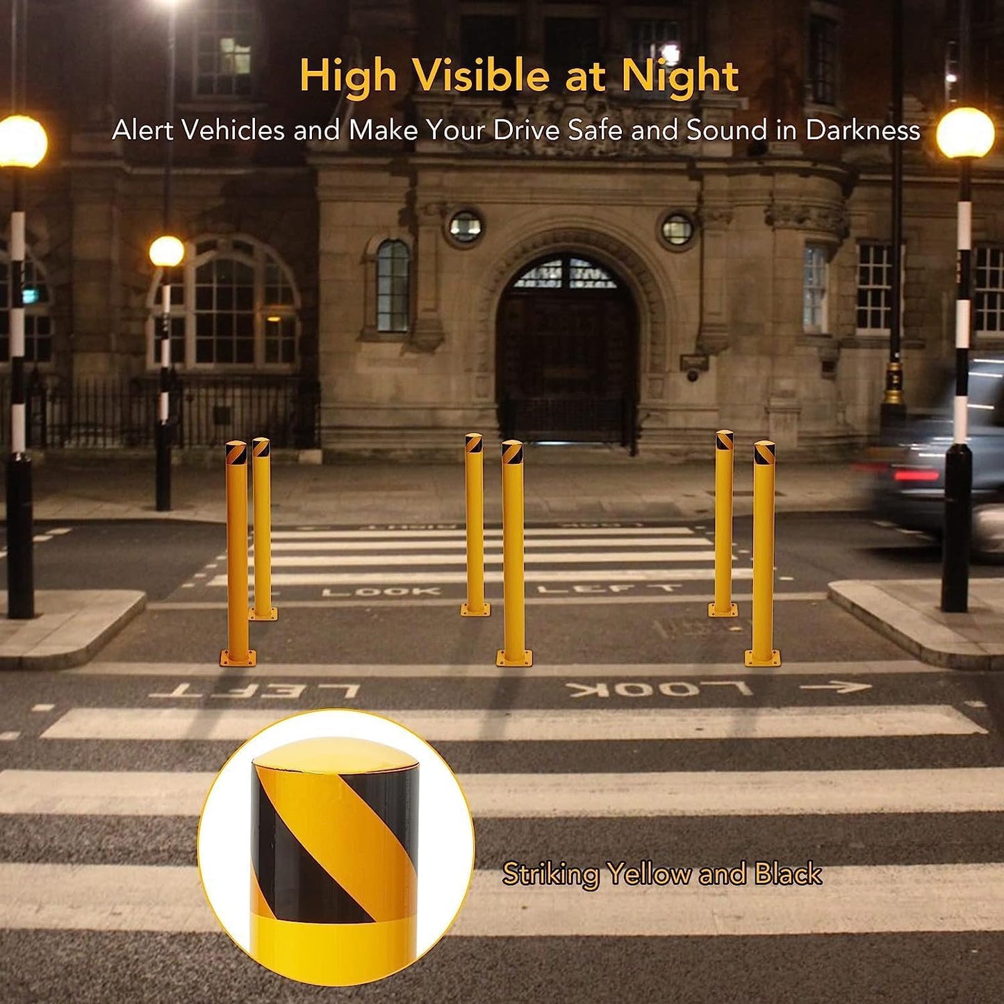 Safety Bollard 4 Packs,48 Inch Height Bollard Post, 4.5 Inch Diameter, Yellow Safety Steel Bollard Post with 16 Anchor Bolts, for Traffic Control, Driveway Barrier, Parking Pole