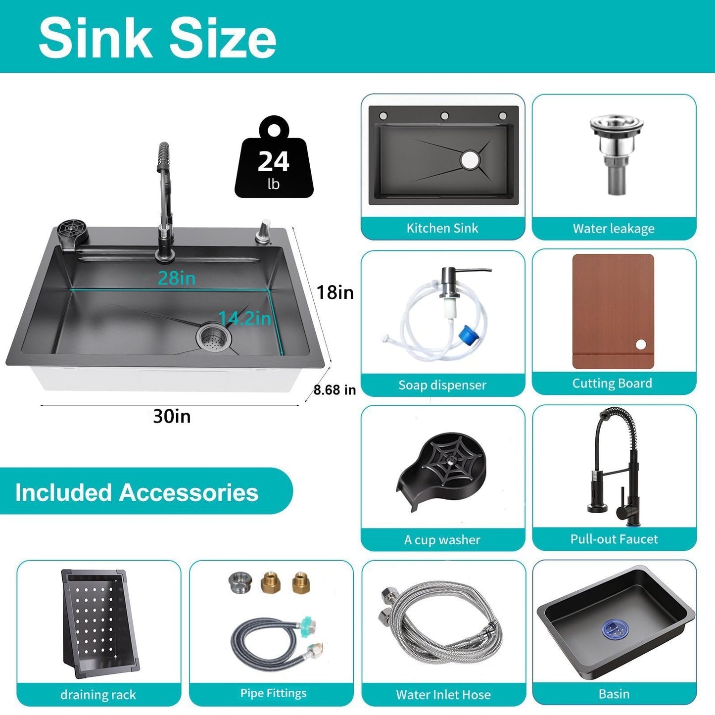 30 x 18 inch Kitchen Sink, Single Bowl Stainless Steel Sink Multifunctional Drop In Sink with Pull-Down Faucet and Multiple Accessories (30 * 18 inch)