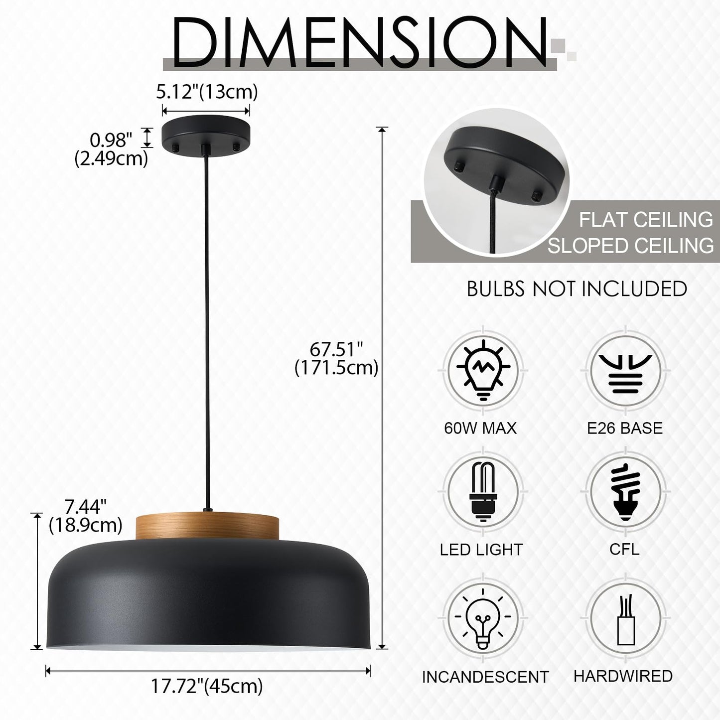 Modern Large Pendant Light Fixture, 17.7 inch,Natural Wood Cap, Matte Black Finish, Simple Pendant Lighting for Kitchen Island, Dining Room, Table