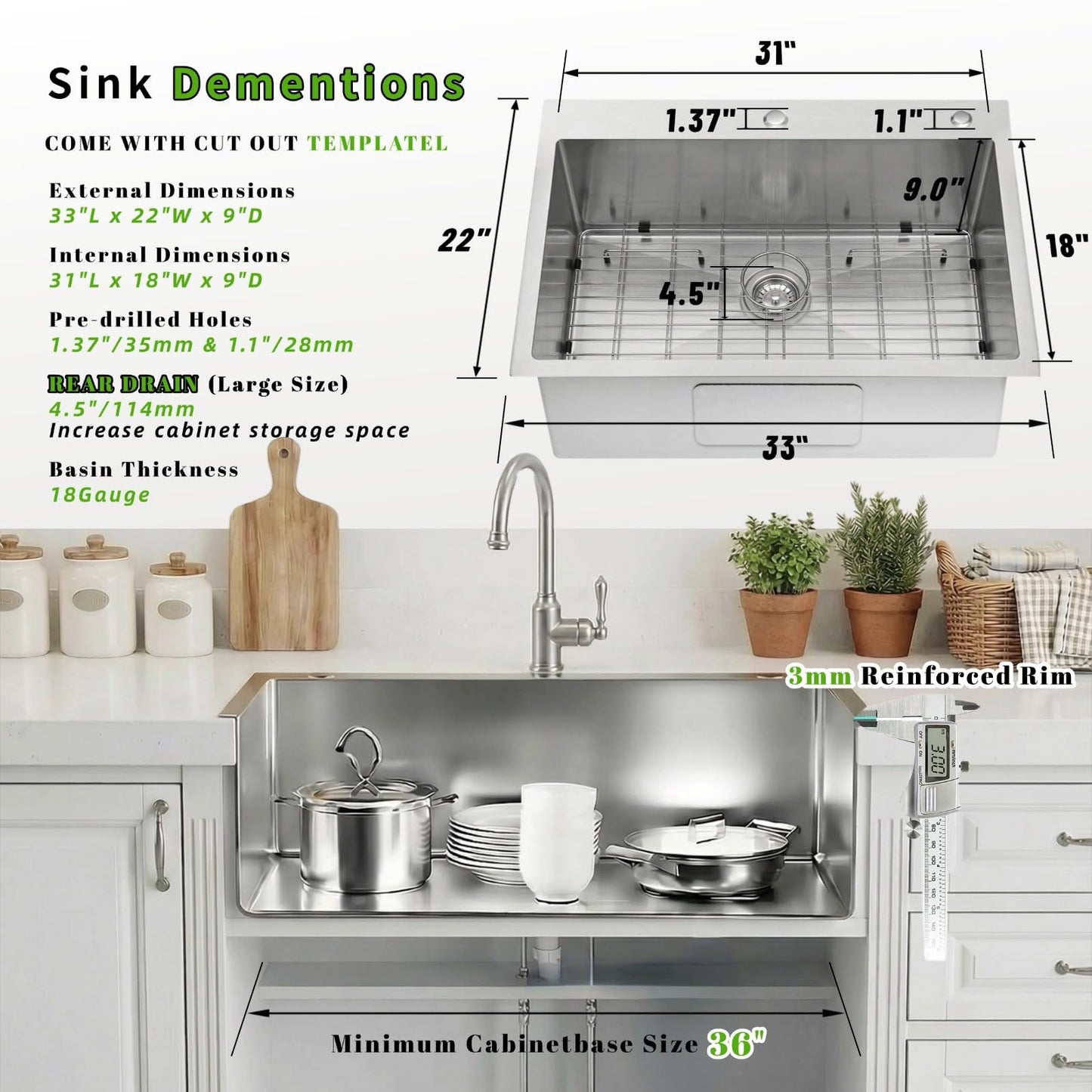 Beleeb Drop In Kitchen Sink 33x22", 9" Basin Depth, 18 Gauge Stainless Steel Sink, 3D Embossed Surface Finish Top Mount with Accessories