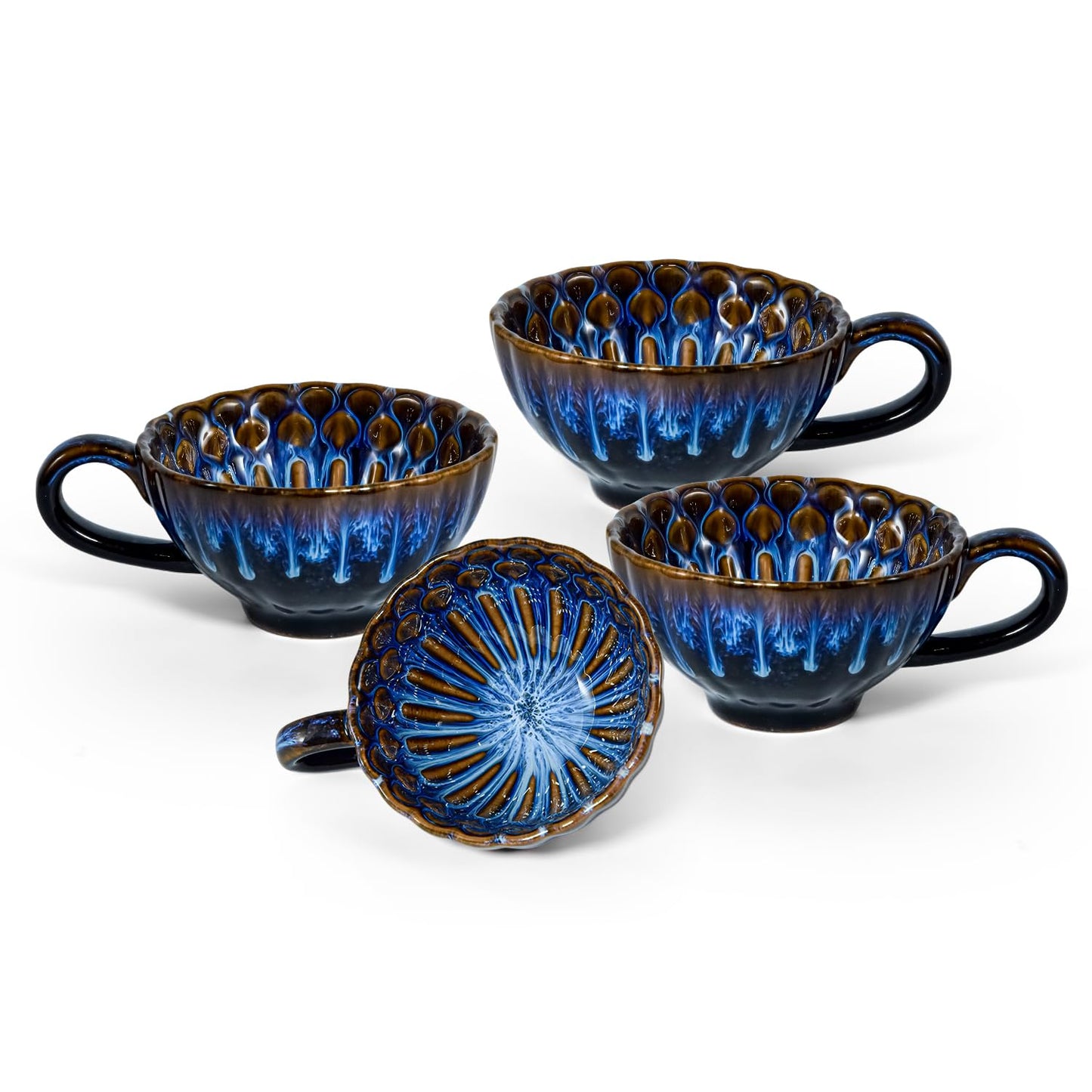 AGH Vintage Ceramic Coffee Mugs Set of 4, 8 OZ Embossed Ceramic Coffee Cups with Handle, Retro Striped Design Cups, Ceramic Tea Cup for Cappuccino, Latte, Cereal, Yogurt, Milk, Hot or Cold Beverages