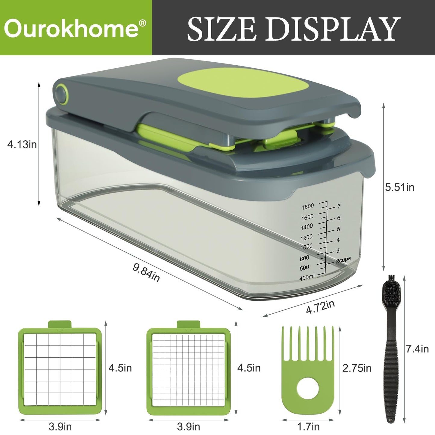 Ourokhome Vegetable Chopper Cutter with Container, Manual Hand Food Veggie Dicer with 2 Chopping Blades for Potato Strips, Onion Cubers, Carrot Sticks, Essential Kitchen Gadgets (2 in 1, Gray)