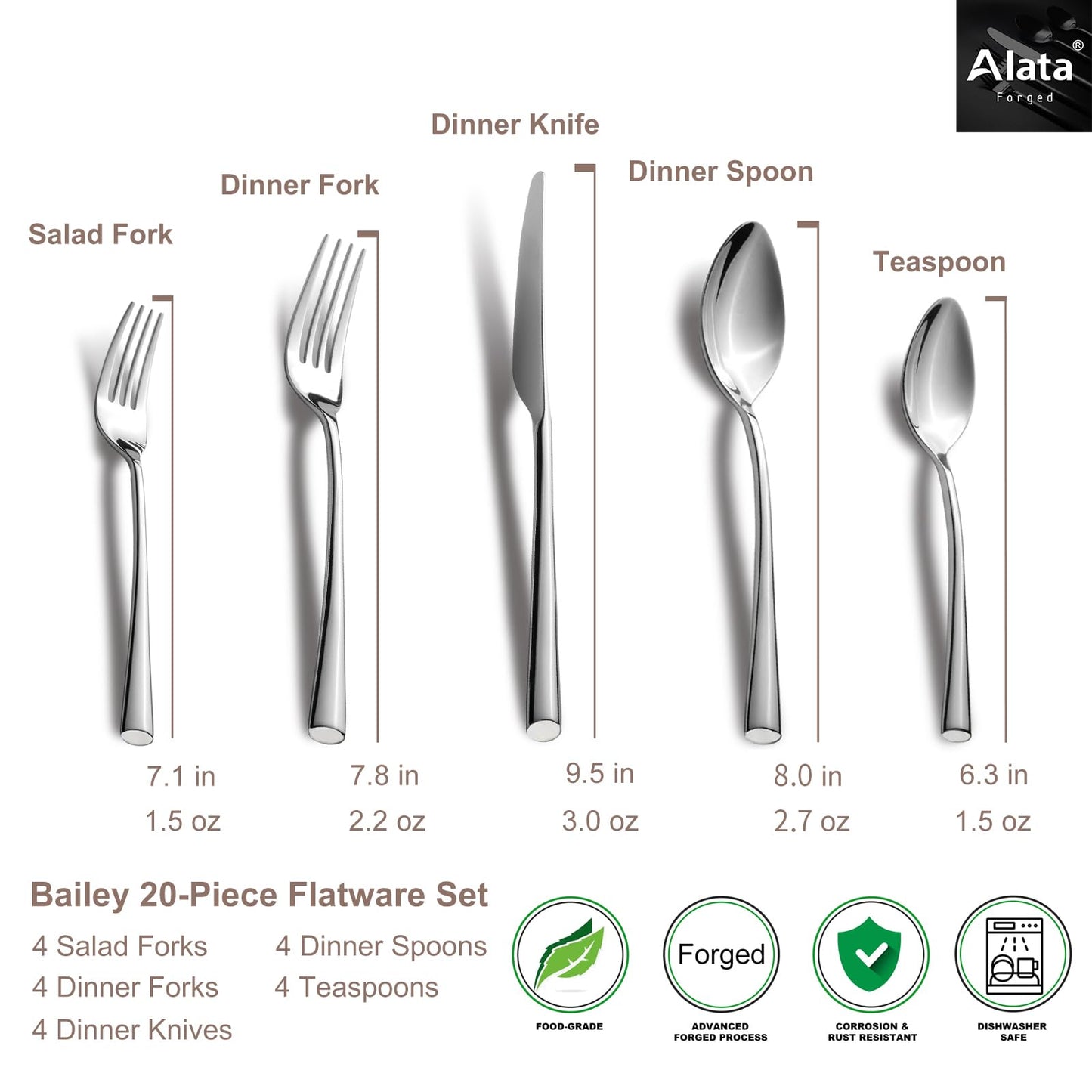 Alata Bailey 20-Piece Forged Silverware Set Stainless Steel Flatware Set,Service for 4,Mirror Polished Cutlery Set,Dishwasher Safe…