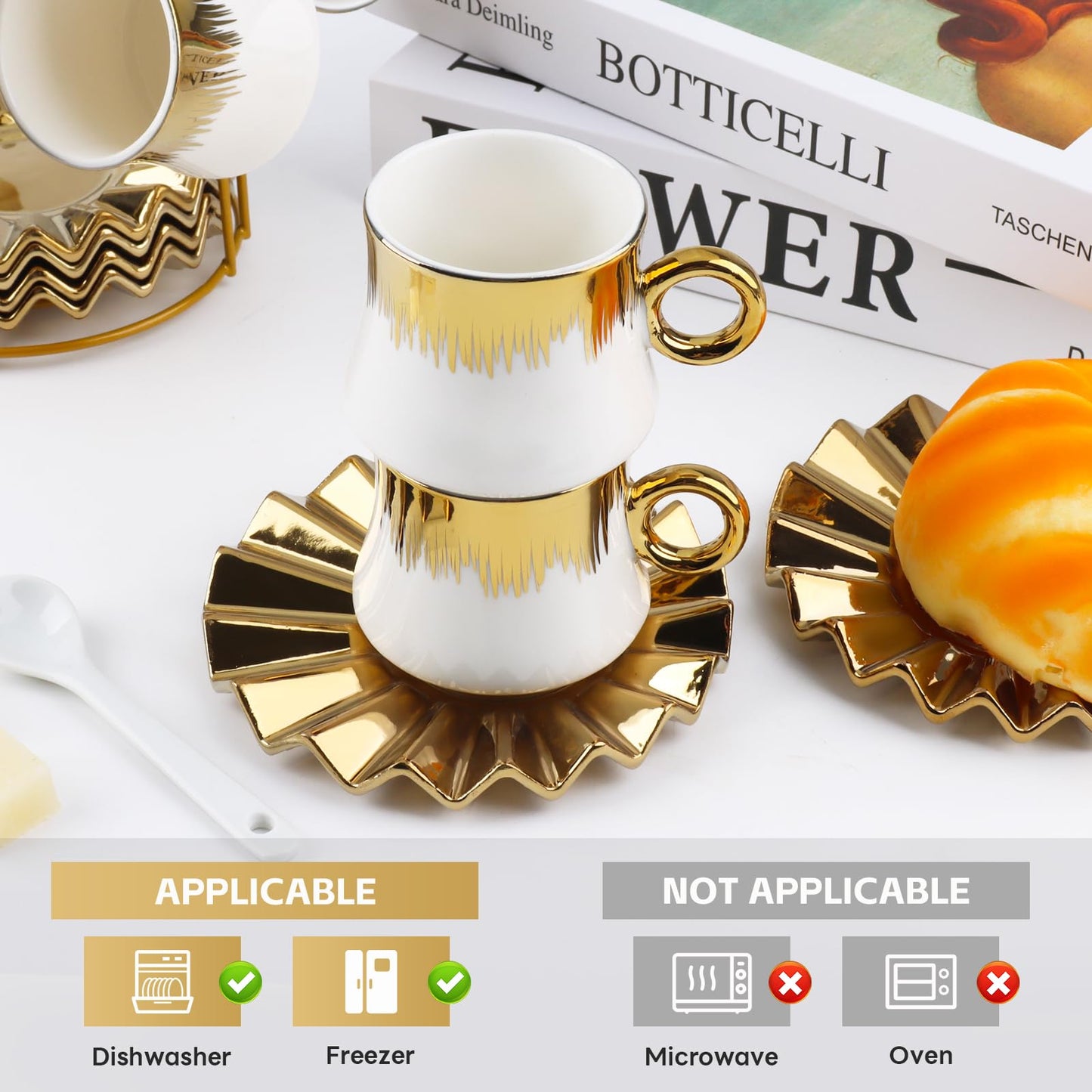 3.5oz Ceramic Espresso Cups Set of 6, Small Stackable Coffee Cups with Saucers, Ottoman-Style Turkish Coffee Cup Set for Tea, Espresso, Latte, Coffee, Cafe Mocha, Black Gift Box with Window(White)