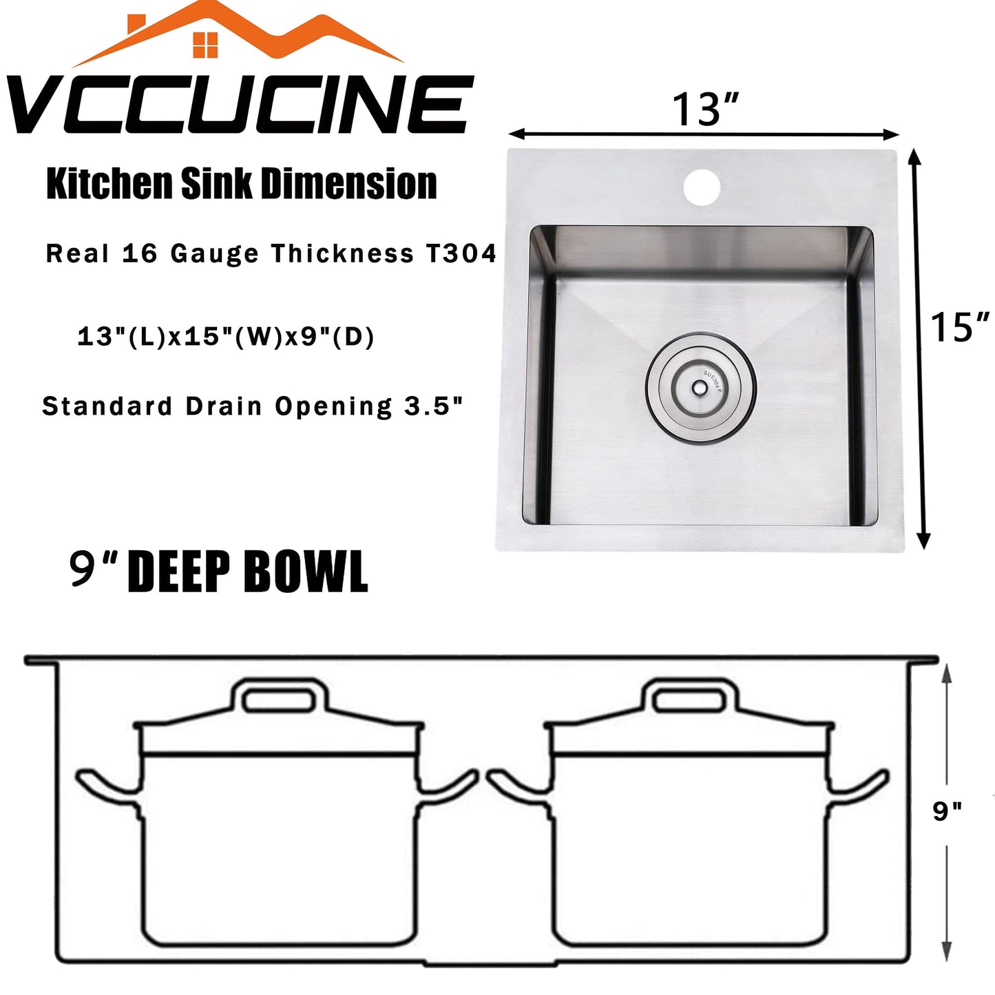 VCCUCINE Bar Sink Drop in,13x15 Inch Topmount RV Small Kitchen Sink,Handmade Stainless Steel Wet Bar Sink,Outdoor Single Bowl,Brushed Nickel Prep Sink with Accessories