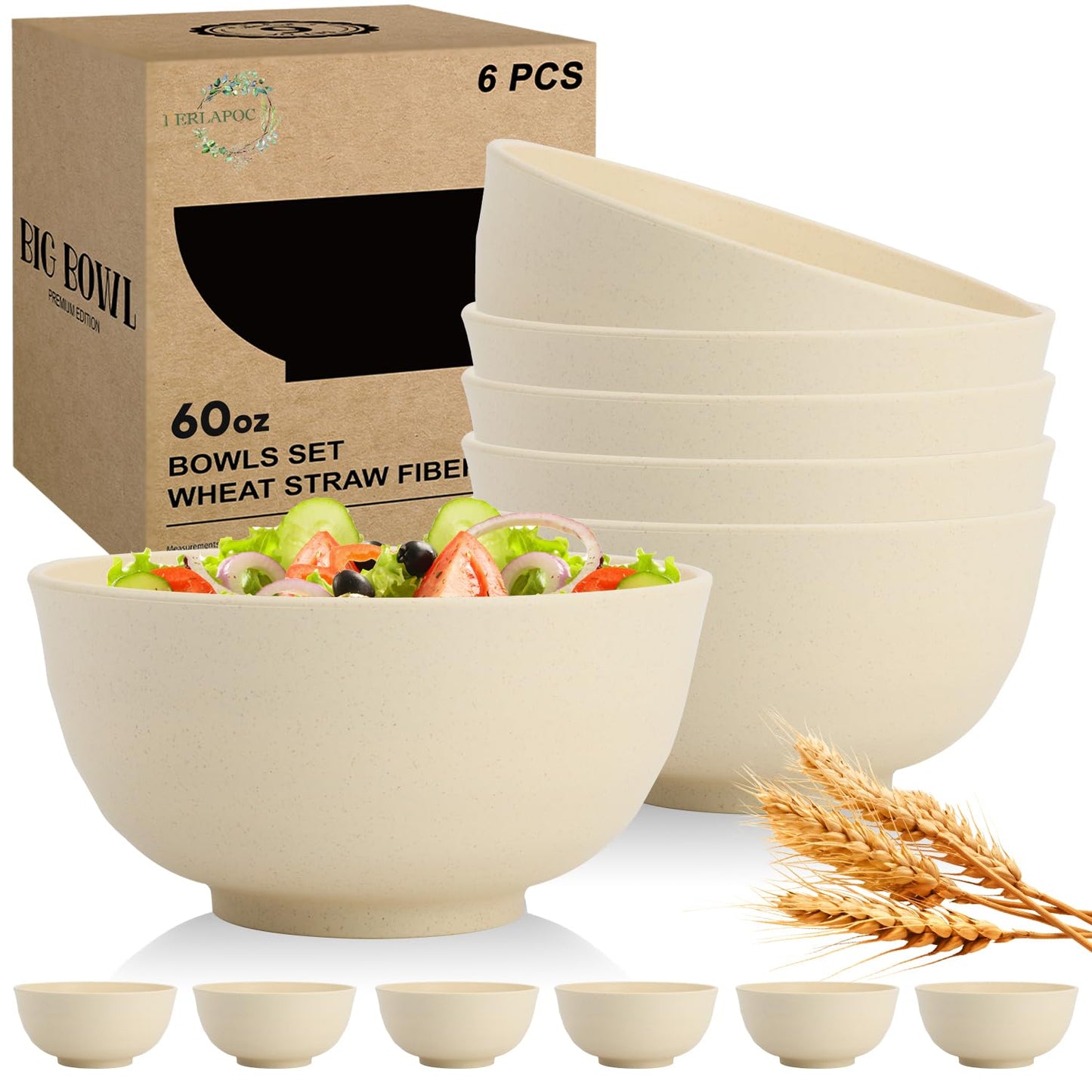 Perlapoc Large Wheat Straw Bowls Set of 6, 60 OZ Unbreakable Serving Bowls, Microwave Safe & Dishwasher Safe, Perfect for Salad, Fruit, Cereal, Soup, Ramen, Family Meals, Beige