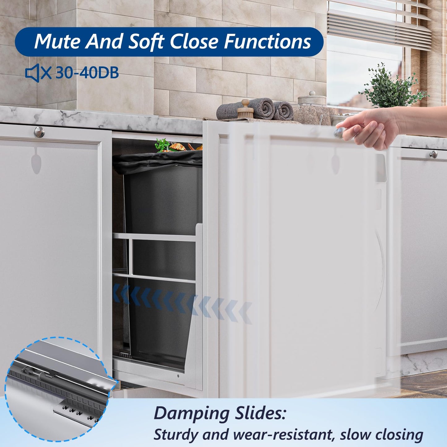 Insputer 8 Gal Pull Out Trash Can Under Cabinet, Heavy Duty Under Sink Garbage Can Kit with Soft-Close Slides for Kitchen, Laundry, Requires Minimum Cabinets Opening 12" W X 18" D