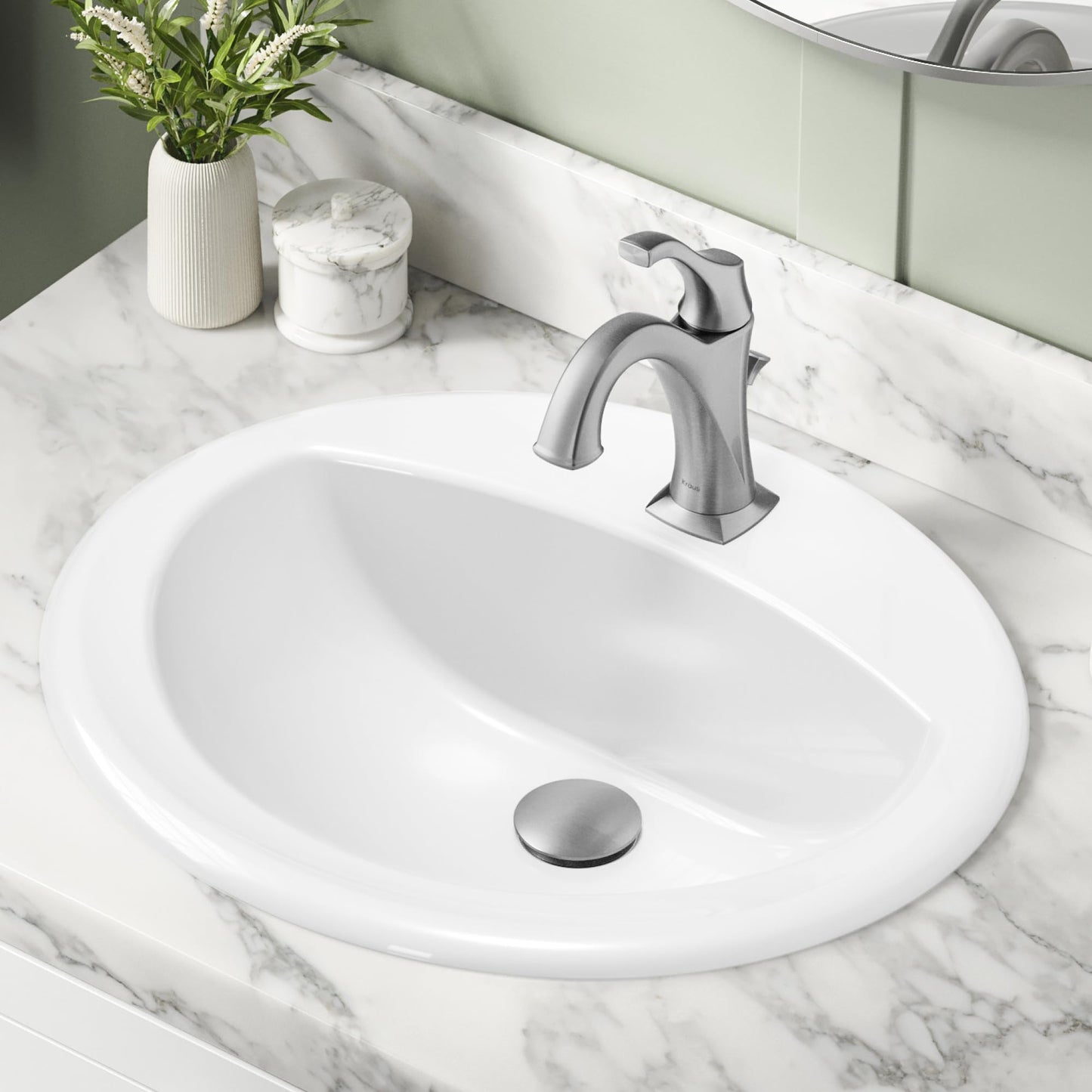 KRAUS Elavo 20.5 in. Oval Porcelain Ceramic Self-Rimming Drop In Bathroom Sink in White with Overflow Drain, KCT-100