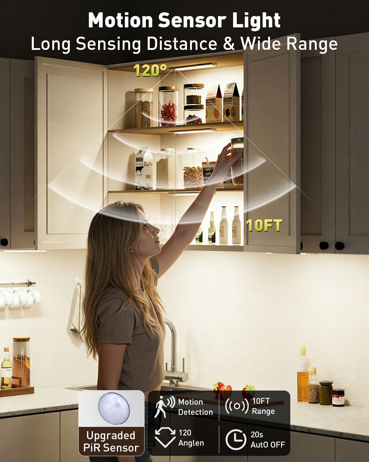 Diomart Under Cabinet Lights Wireless, Motion Sensor LED Closet Light Rechargeable, Motion Sensor Light Indoor Stick on Under Counter Lights for Kitchen, Stairs, 4 Pack