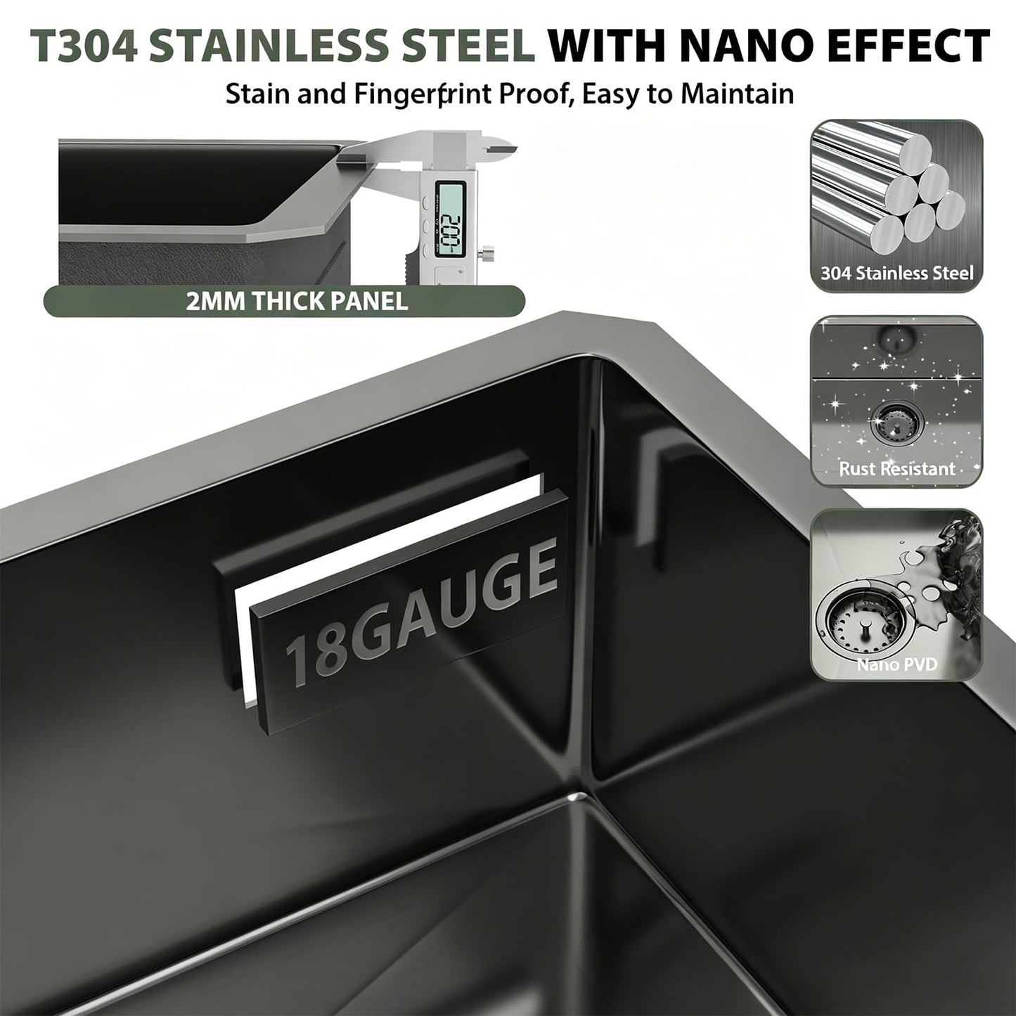 Mocoloo 30 Inch Undermount Kitchen Sink - 30"x16" Black T304 Stainless Steel Handmade Single Bowl Deep Basin Under Counter Sink with Drain Assembly