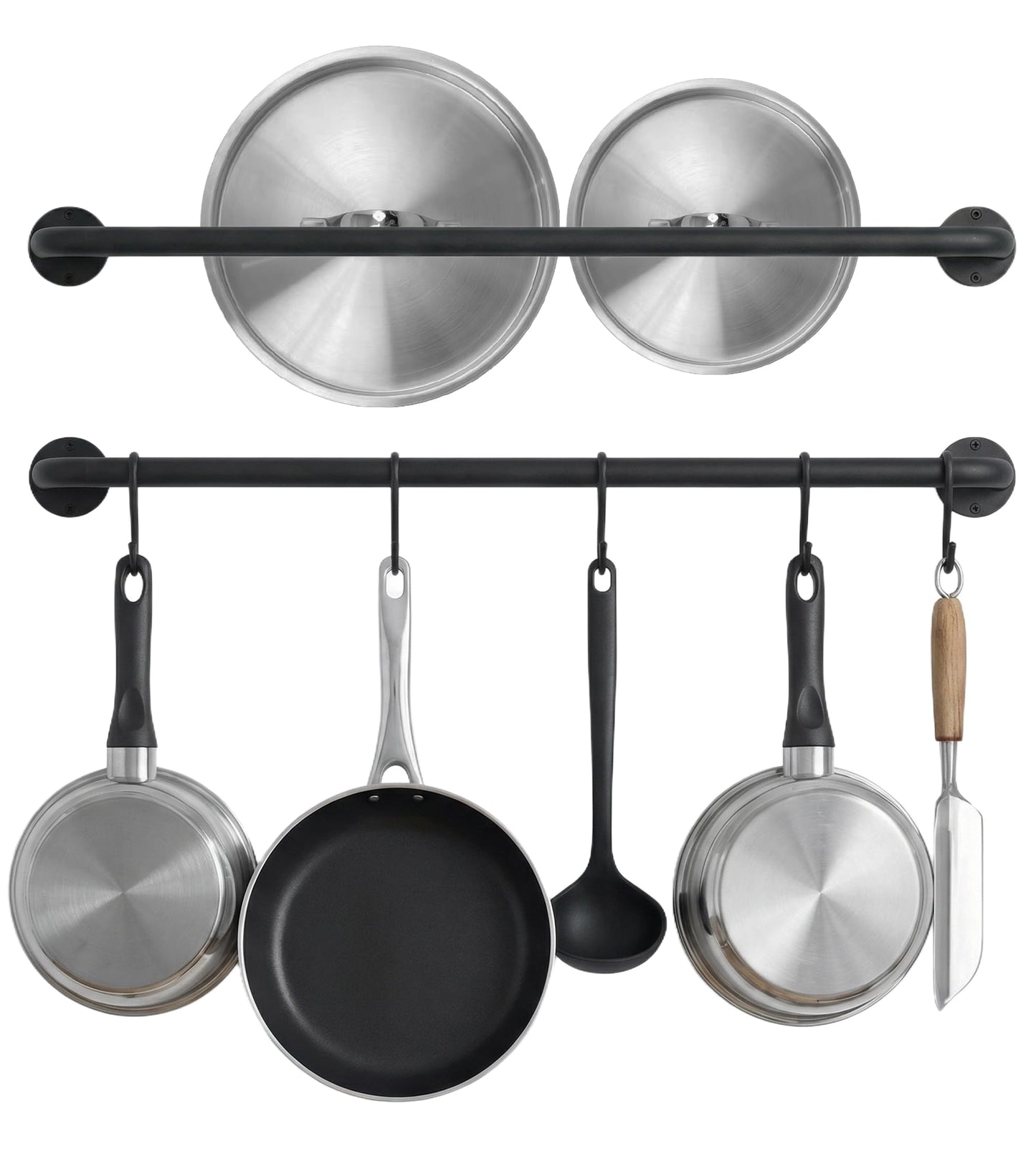 Conwithna Black Steel-made Kitchen Utensil Rack Organizer Wall-mounted Pot Pan Wall Hanger Holder For Hanging Rail with 10 S Hooks