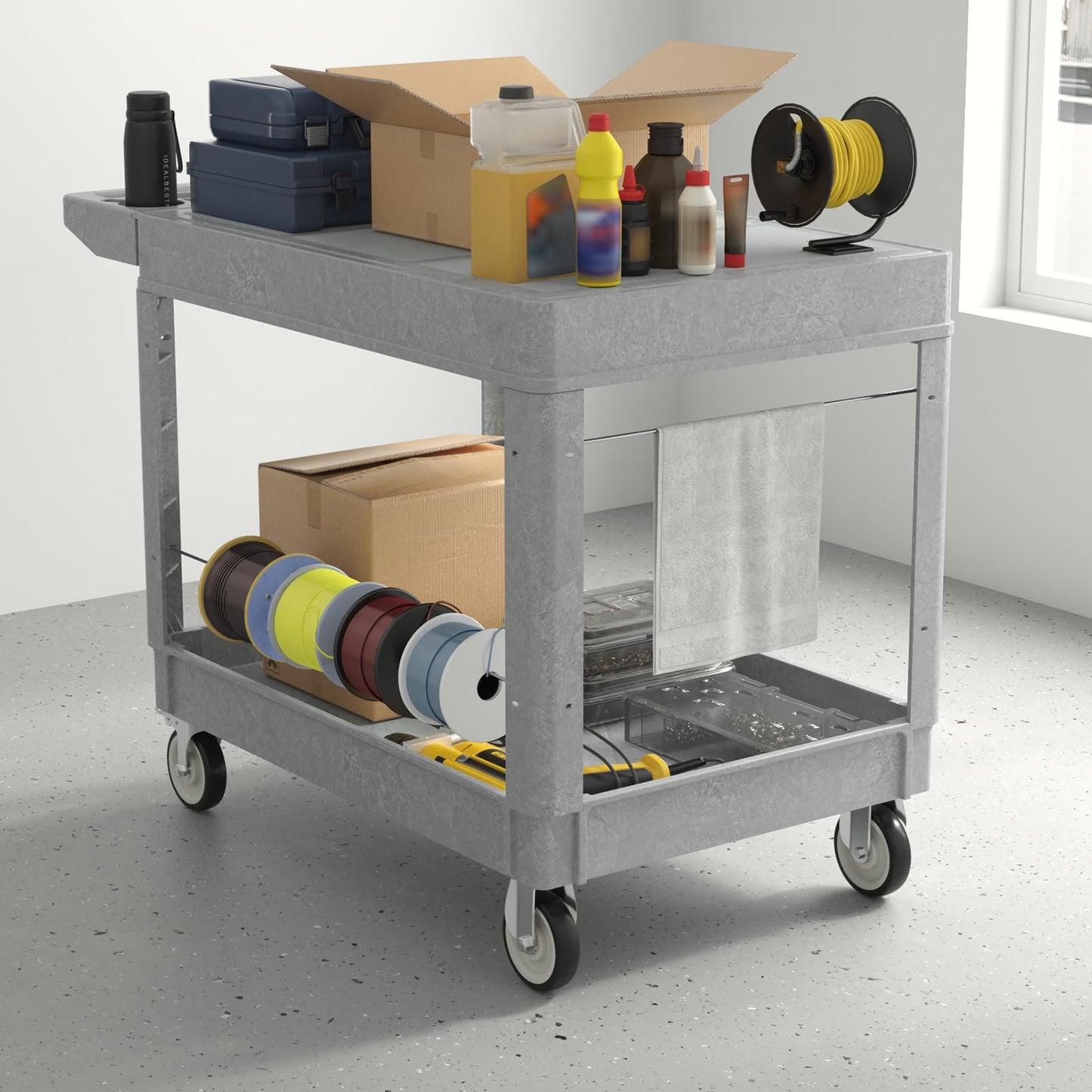 Wanmwill Utility Cart on Wheels, Heavy Duty Large Flat Top Rolling Service Cart, 46 x 25 Inch Work Carts, 2 Shelf 1000 lbs Capacity Plastic Tool Cart, for Warehouse, Garage, Cleaning, Gray